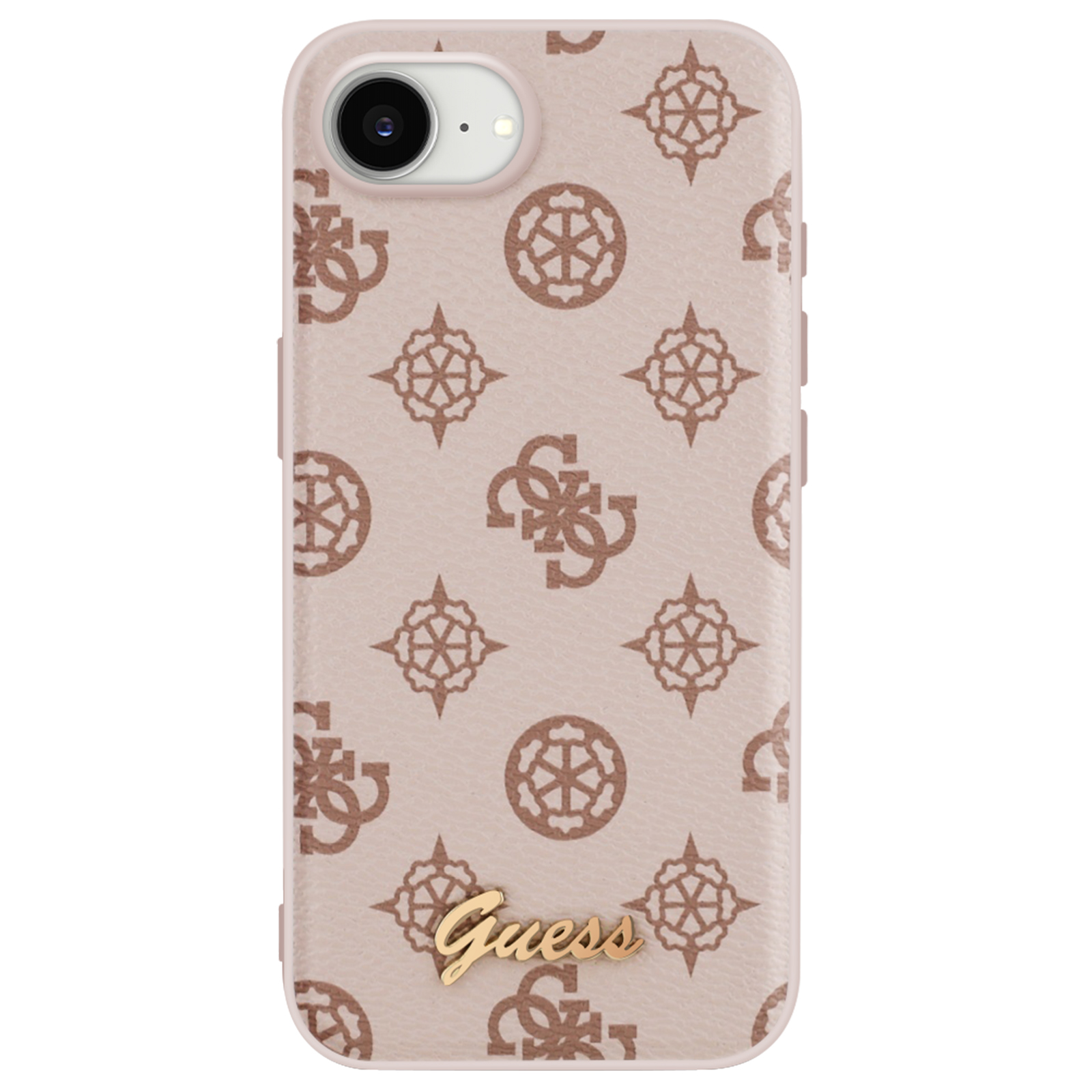 Roze telefoonhoes met een bruin patroon. Het Guess-logo is goud.