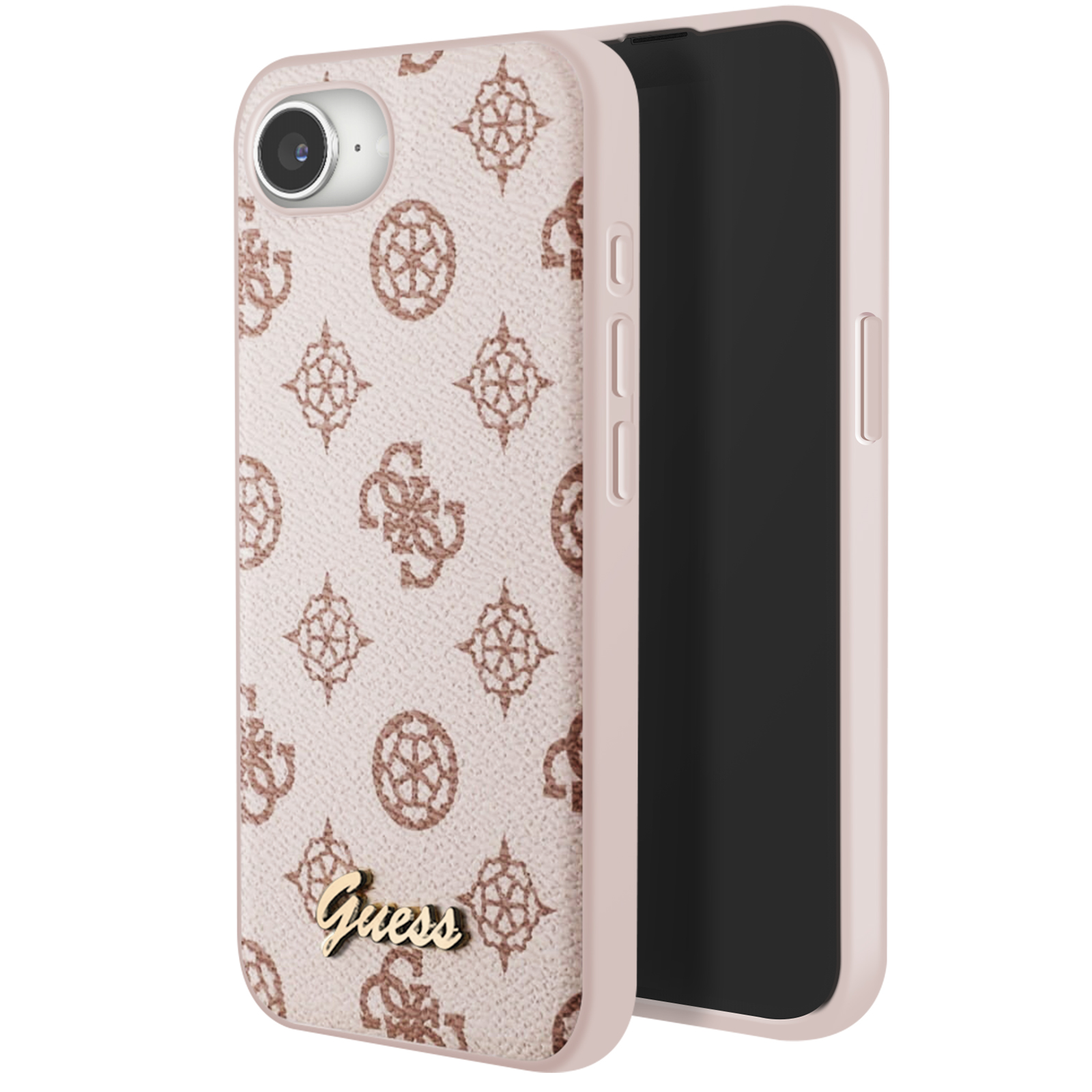 Roze Guess telefoonhoesje met een patroon, gouden 'Guess' tekst en een telefoon erin.