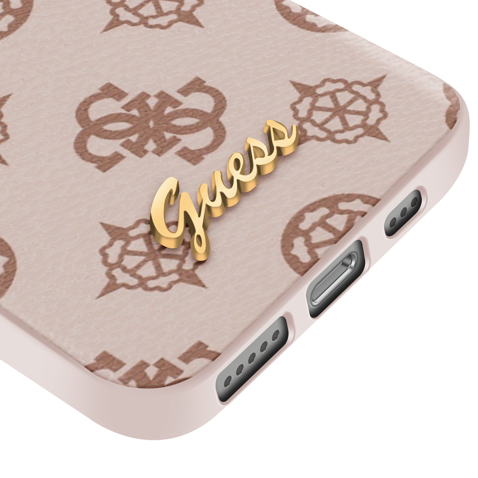 Close-up van een roze Guess telefoonhoesje met logo en telefoondetails.