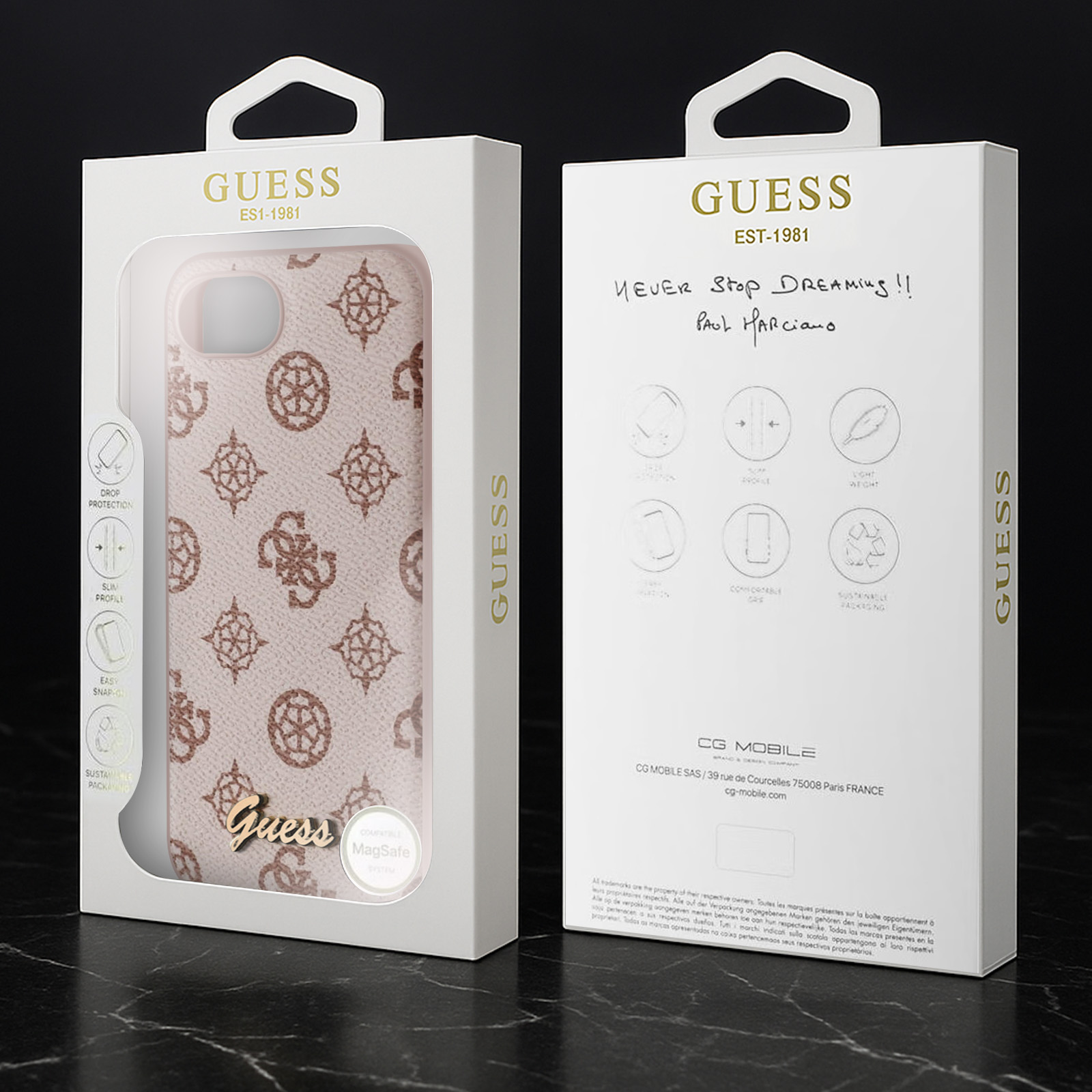 Guess telefoonhoesjes doos, roze hoes zichtbaar, met tekst en kenmerken beschreven op de doos.
