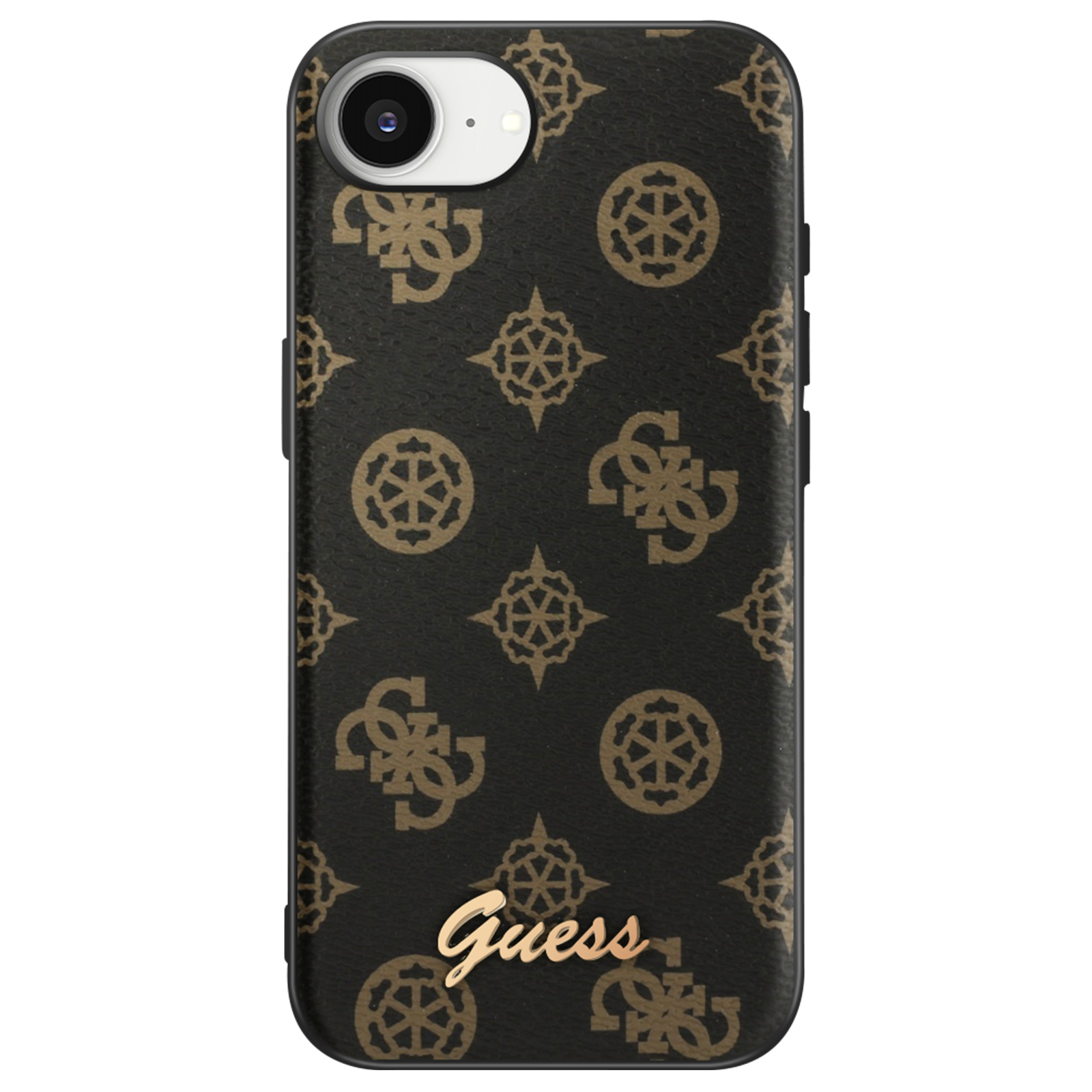 Coque de téléphone noire avec un motif marron. Le logo Guess est doré.