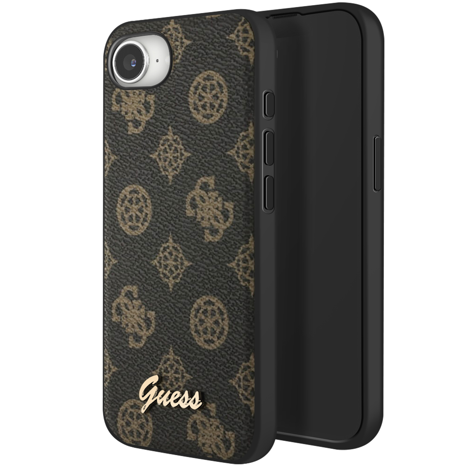 Coque de téléphone noire sur fond blanc. Le logo Guess est doré.