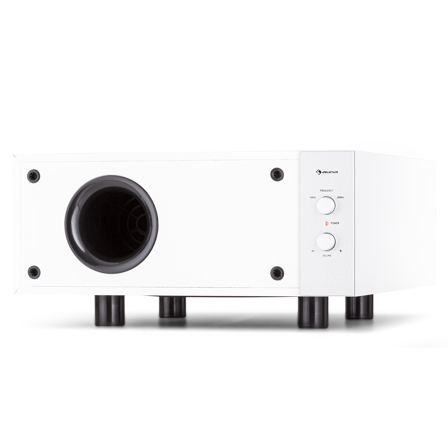 Weißer Subwoofer mit schwarzem Lautsprecher und Bedienelementen, schwarze Füße. Isoliert auf weißem Hintergrund.