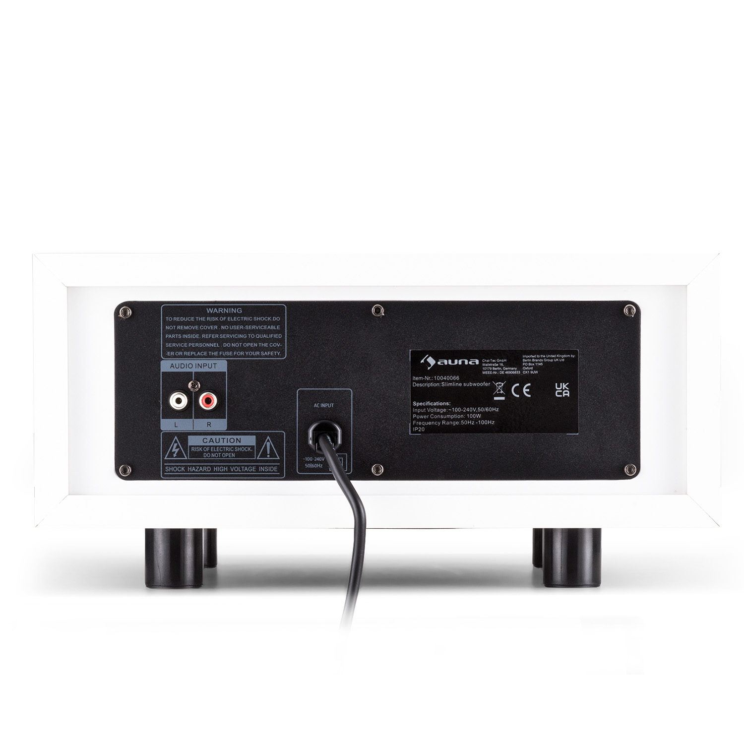Rückseite eines weißen Subwoofers mit Eingangsanschlüssen, Spezifikationen und Netzkabel.
