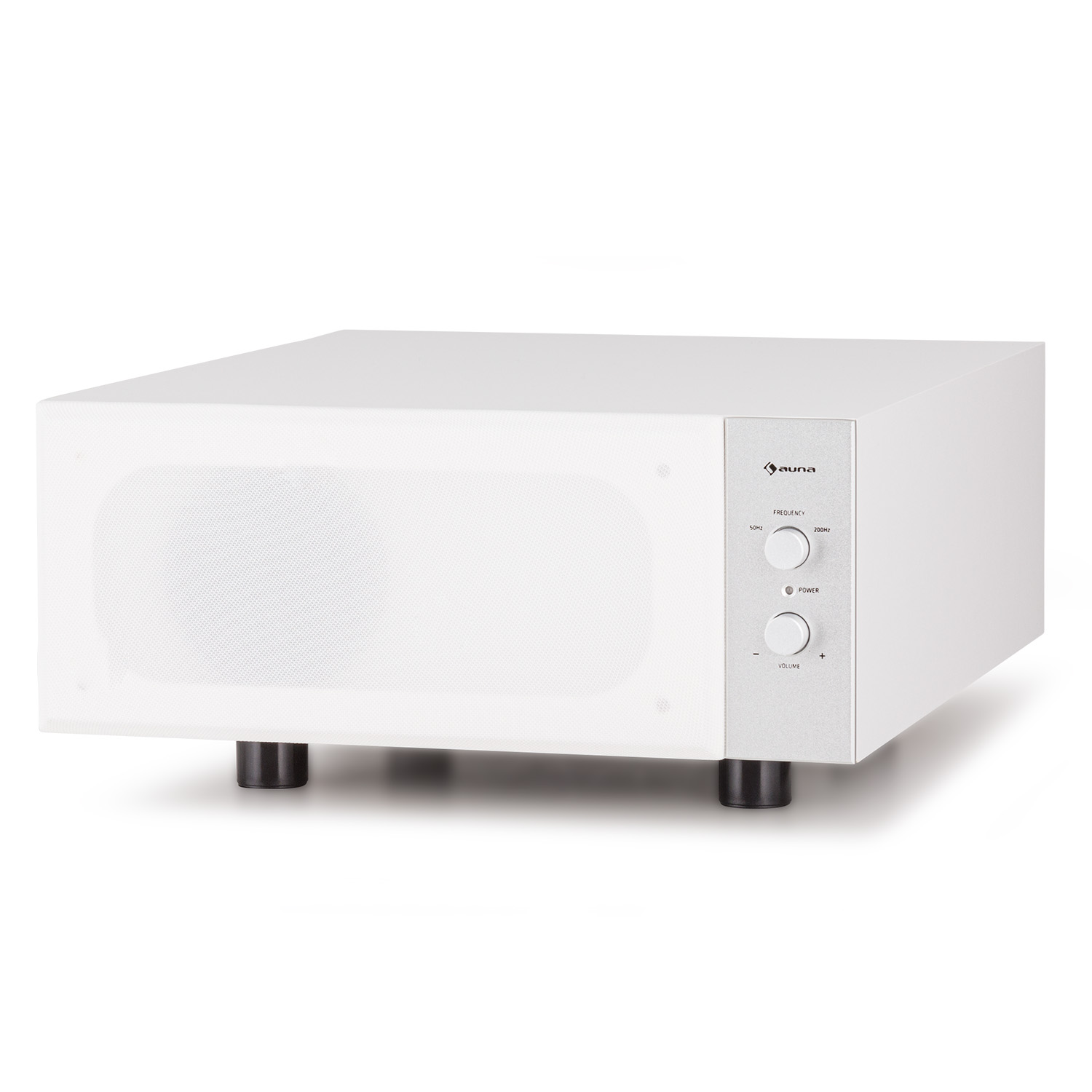 Weißer Subwoofer. Hat eine weiße Front mit Lautsprechergitter und Bedienknöpfen.
