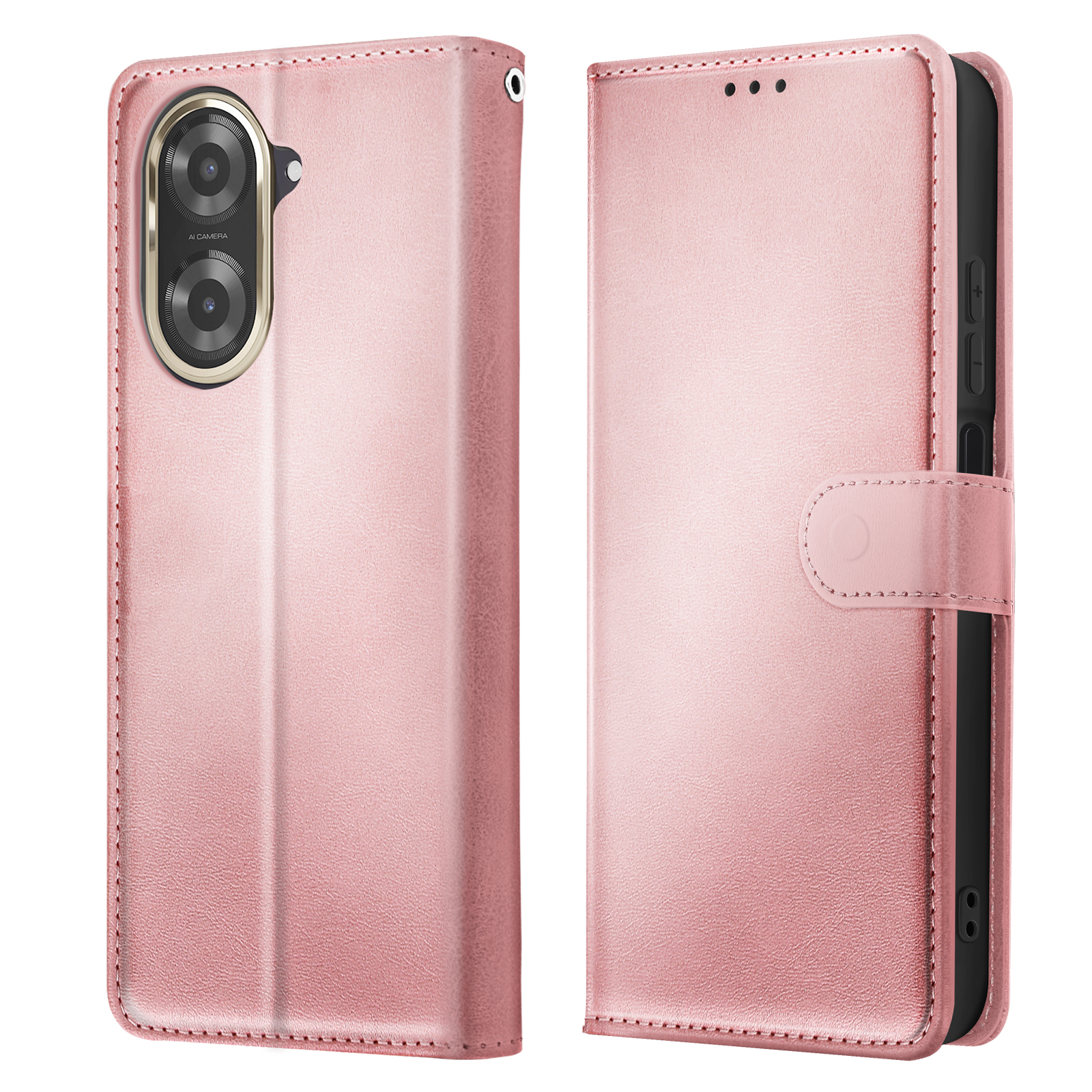 Custodia per telefono rosa aperta e chiusa, con dettagli della fotocamera.