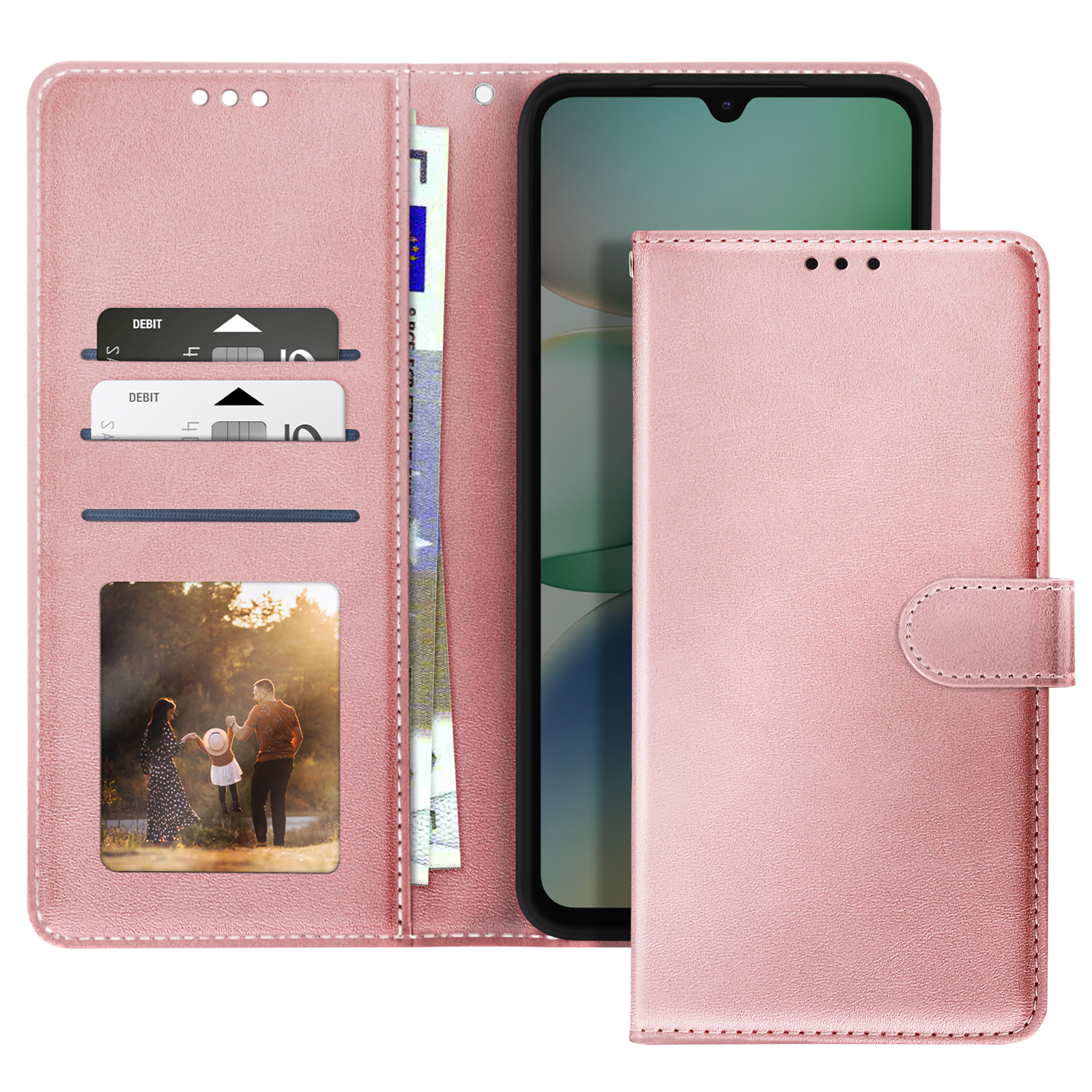 Custodia per telefono rosa con carte, foto e telefono all'interno; aperta.