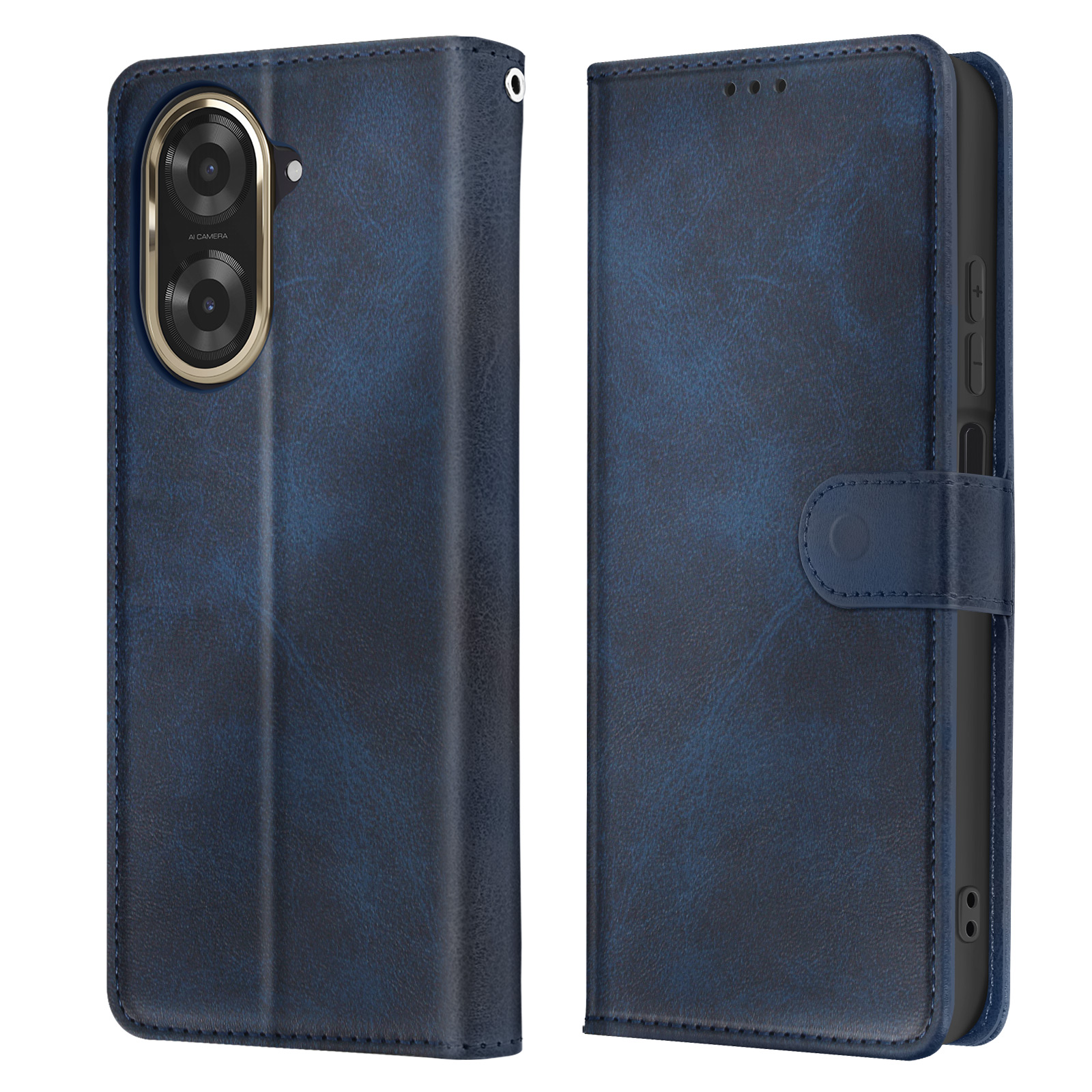 Due lati di una custodia per telefono blu, aperta e chiusa.