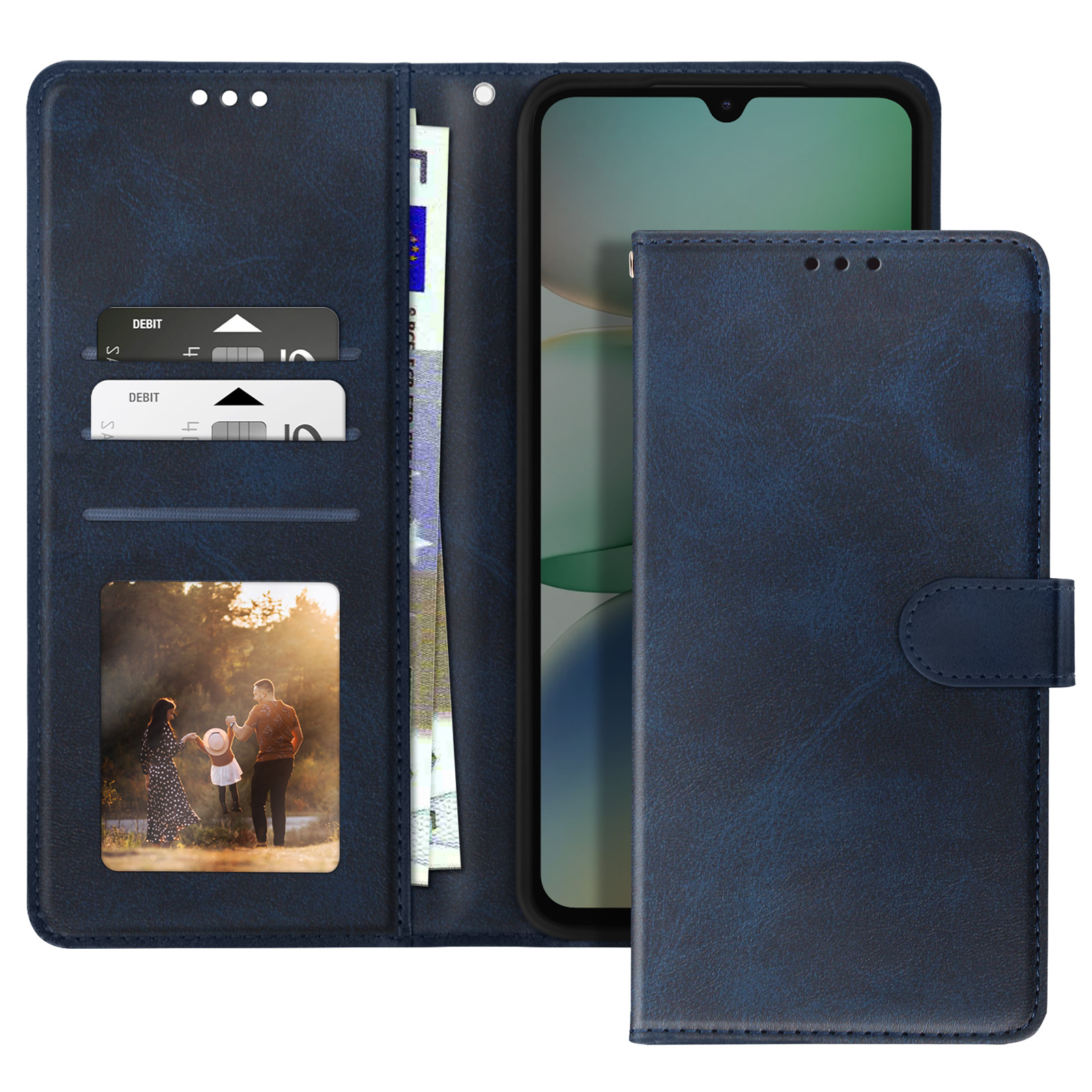 Custodia blu per telefono aperta, che mostra un telefono, carte e denaro.
