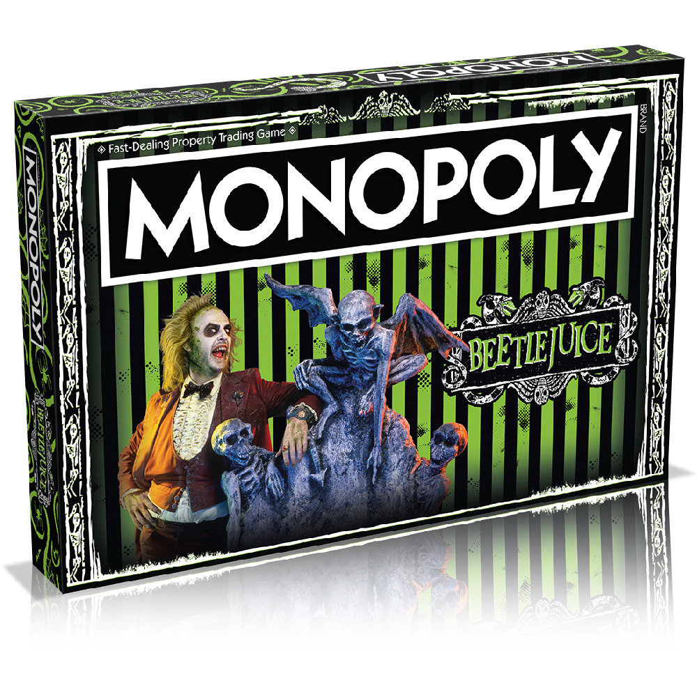 Scatola del gioco da tavolo Monopoly Beetlejuice. Sfondo a strisce verdi e nere con personaggi e logo.