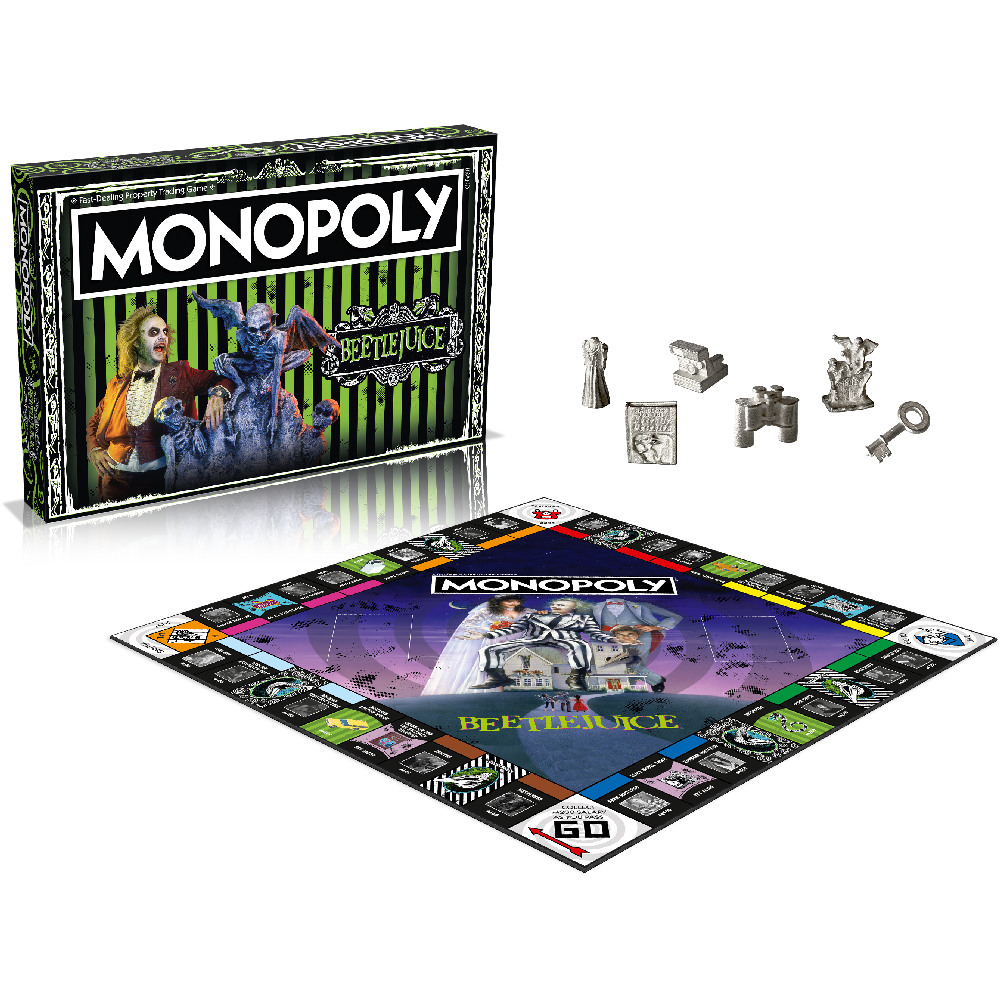 Monopoly: Scatola e tabellone di gioco Beetlejuice con pedine. Il tabellone e la scatola presentano opere del film.