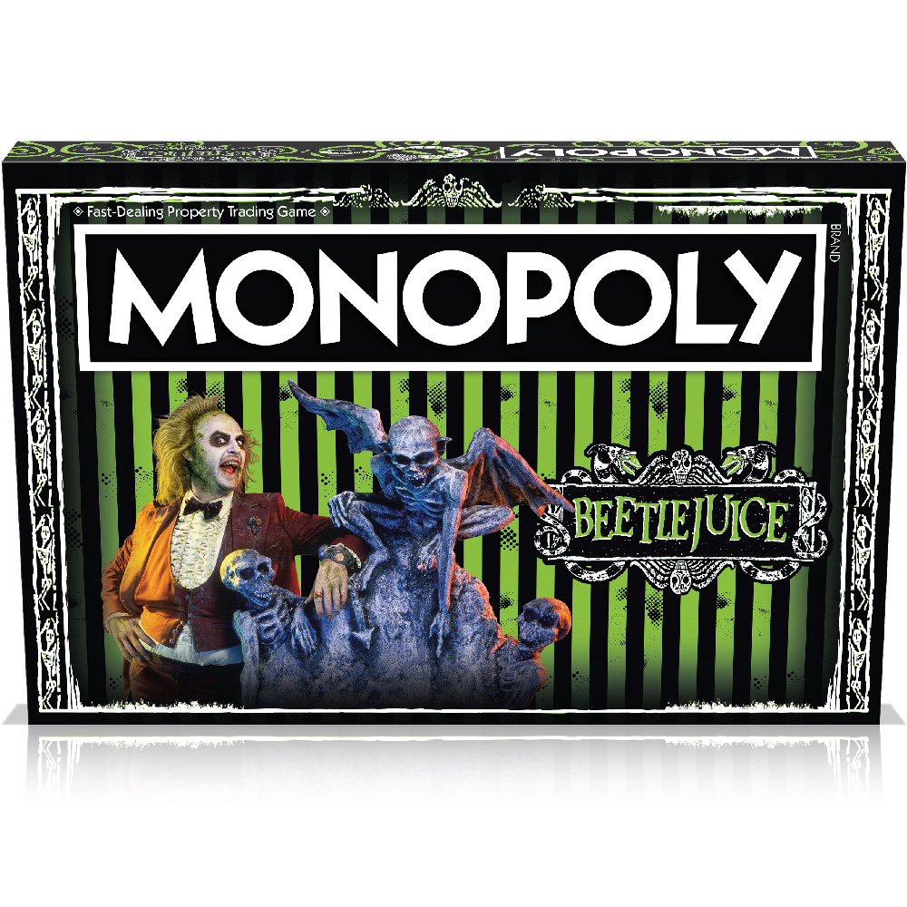 Scatola Monopoly Beetlejuice. Personaggi di Beetlejuice sulla scatola. Sfondo a strisce verdi e nere.