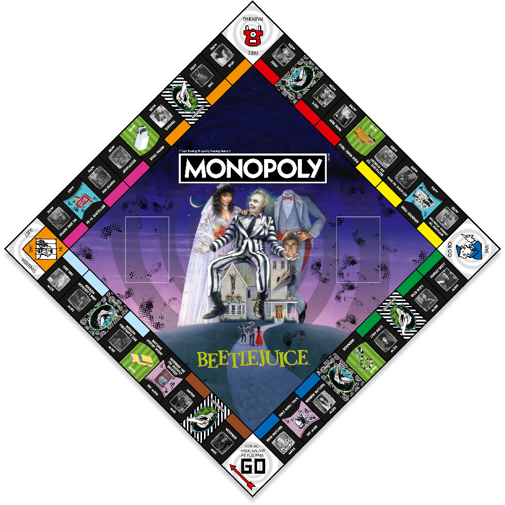 Gioco da tavolo Monopoly a tema Beetlejuice. L'immagine centrale mostra personaggi, casa e logo.
