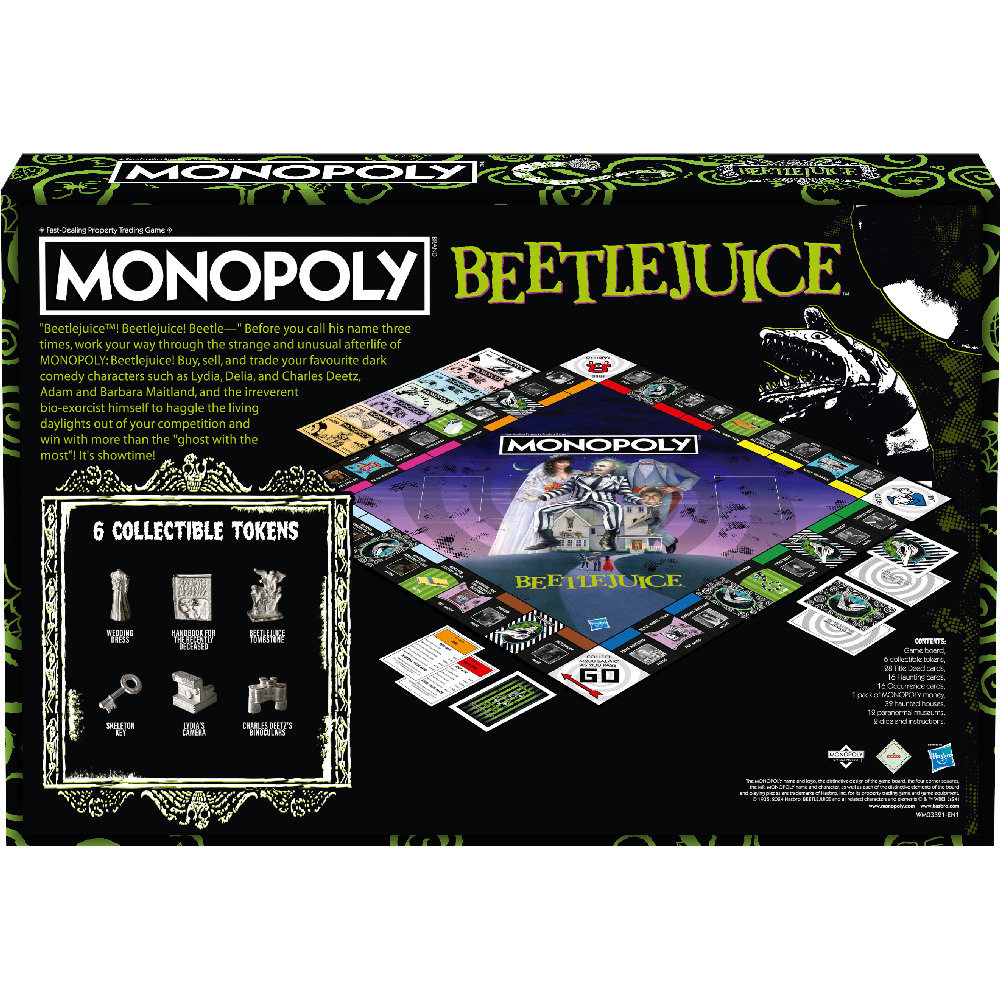 Scatola del gioco Monopoly di Beetlejuice, tabellone e pedine, con un design a tema scuro.