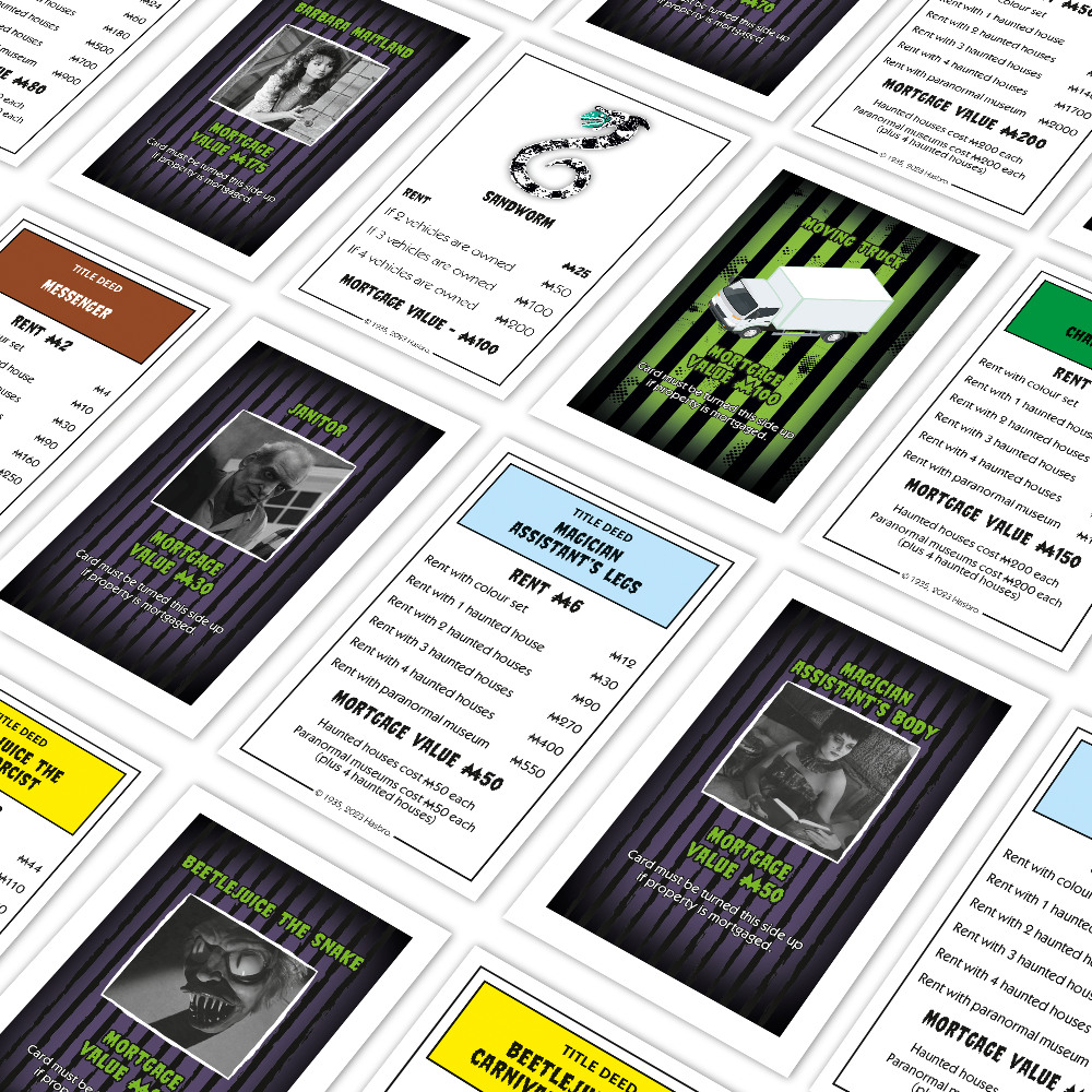 Carte del gioco Monopoly Beetlejuice. Varie carte con personaggi e testo. Sfondo bianco.