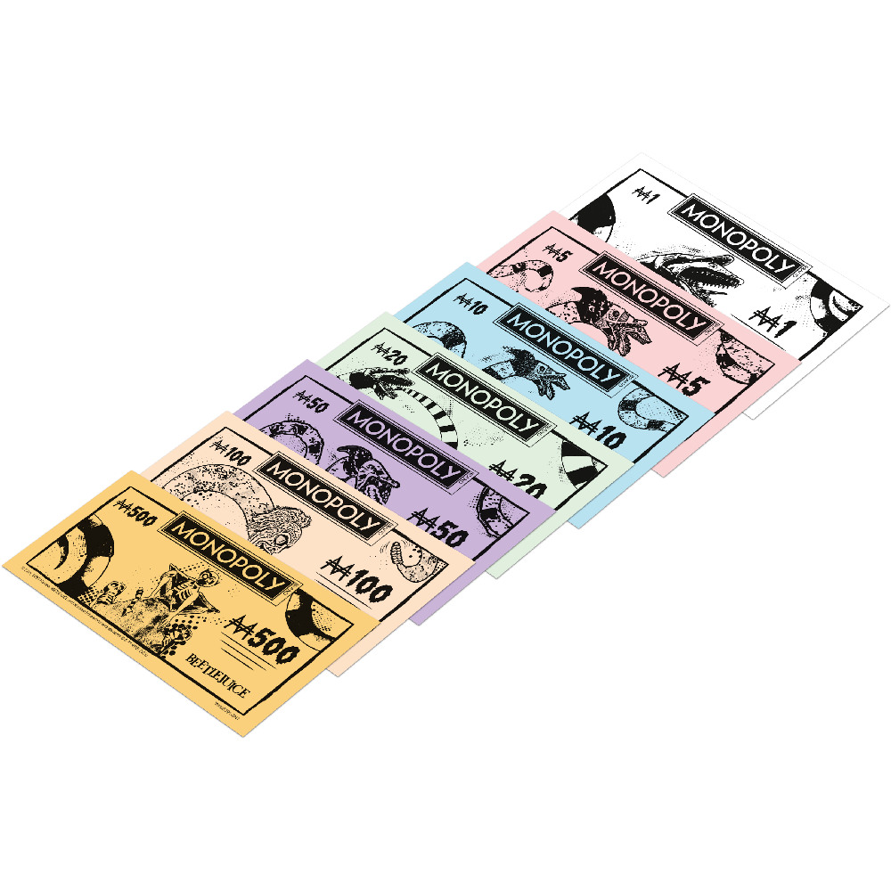 Denaro Monopoly Beetlejuice. Varie banconote a colori. Ogni banconota ha un tema e un valore Beetlejuice.