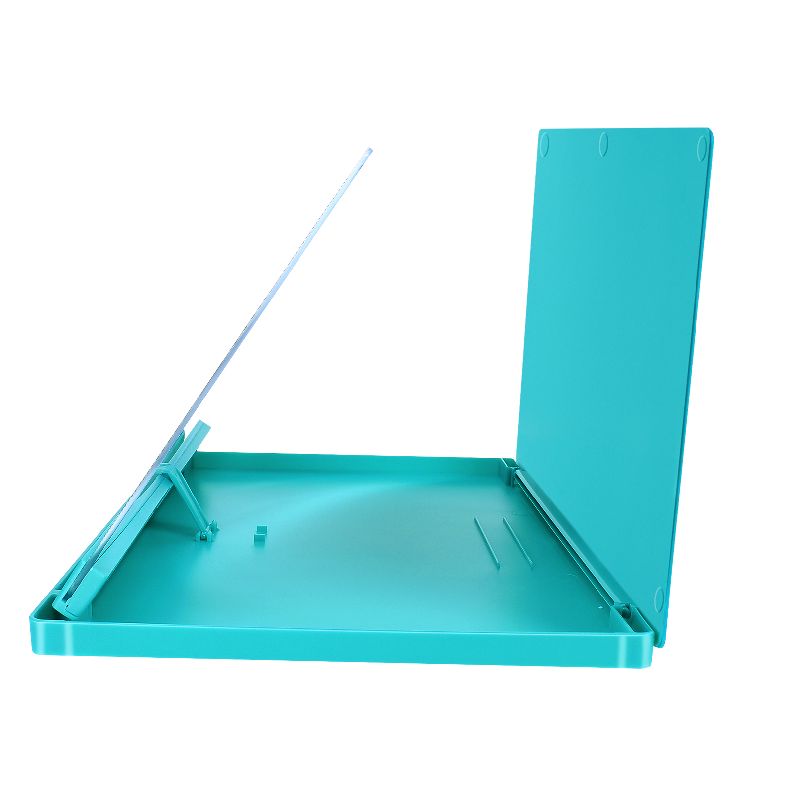 Custodia in plastica blu acqua, aperta. Incernierata, con un foglio di plastica trasparente. Sfondo bianco.
