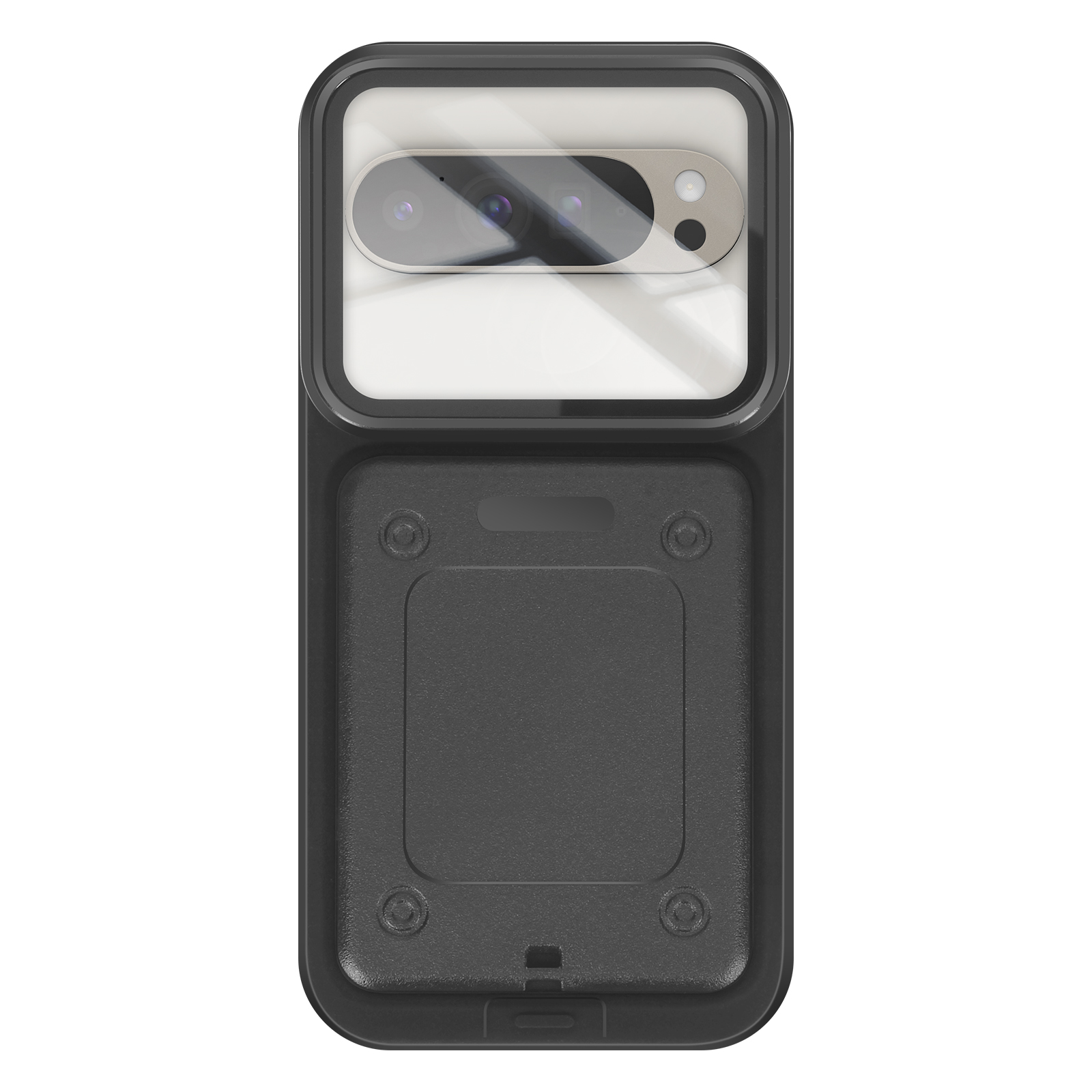 Custodia nera per telefono, vista posteriore. Due lenti della fotocamera, flash e un motivo quadrato nero.