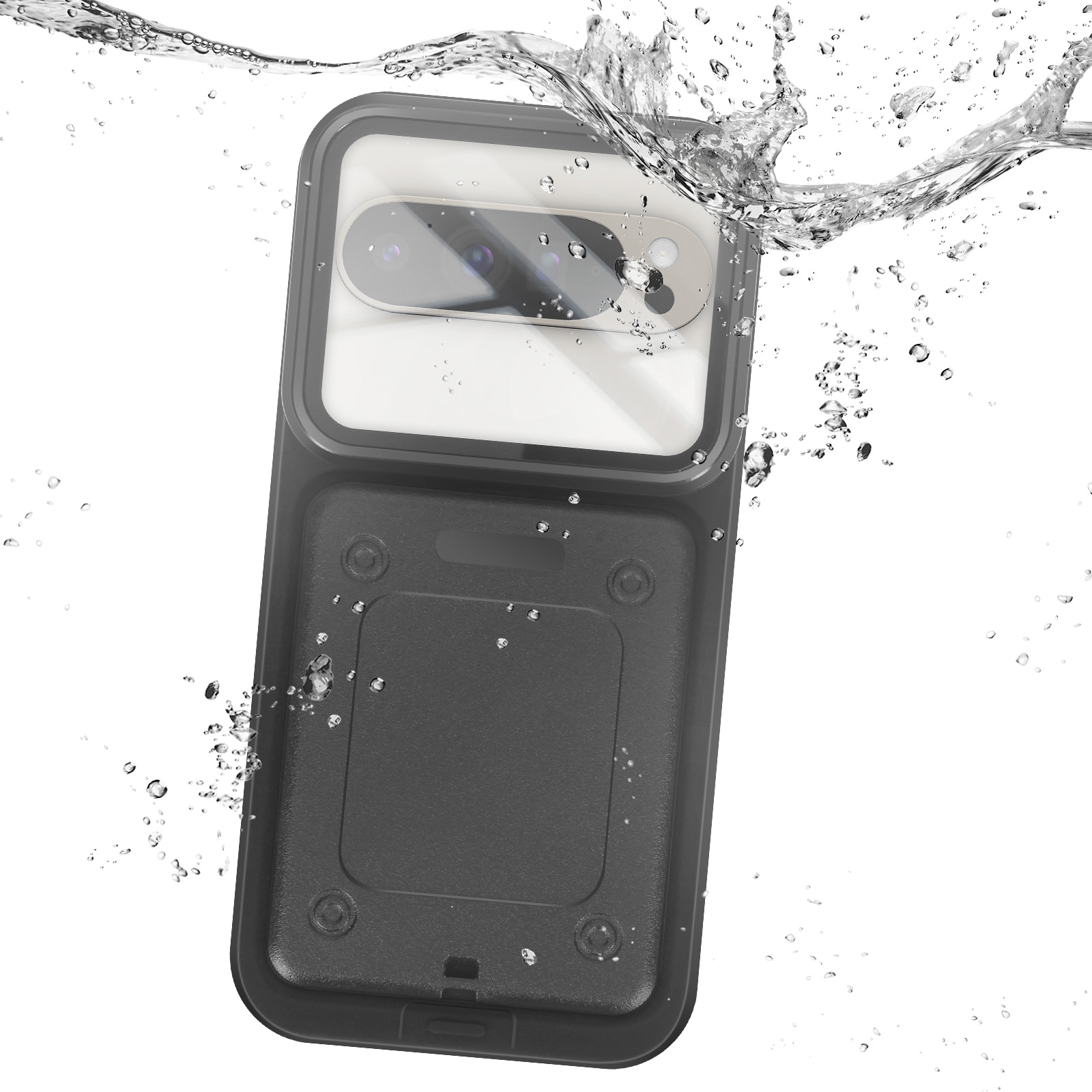 Una custodia nera per telefono nell'acqua. Goccioline d'acqua circondano il telefono.