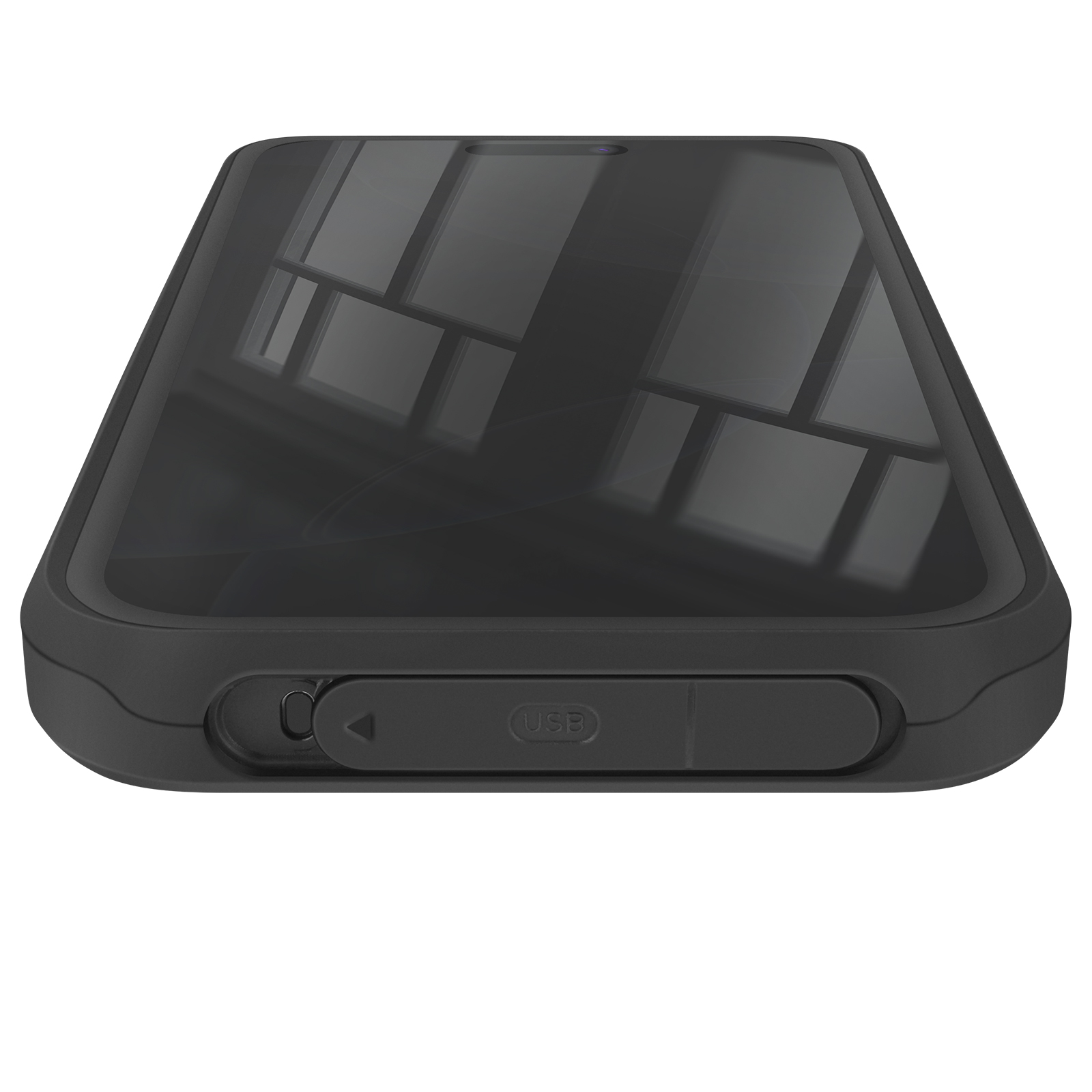 Telefono nero con porta USB e di ricarica. Custodia nera, porta USB visibile. Vista angolata.