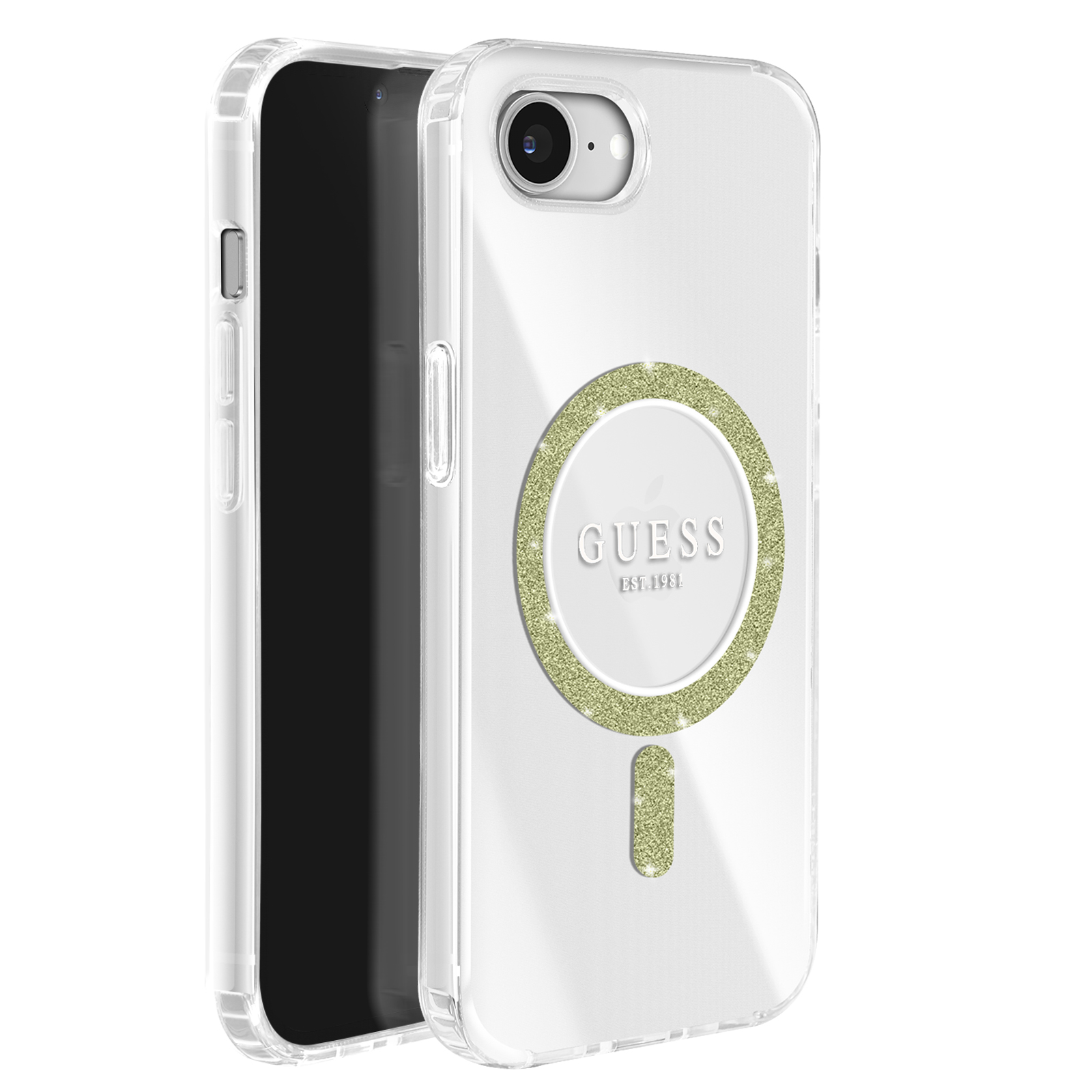 Een witte telefoonhoes met een glinsterende groene cirkel en het woord GUESS.