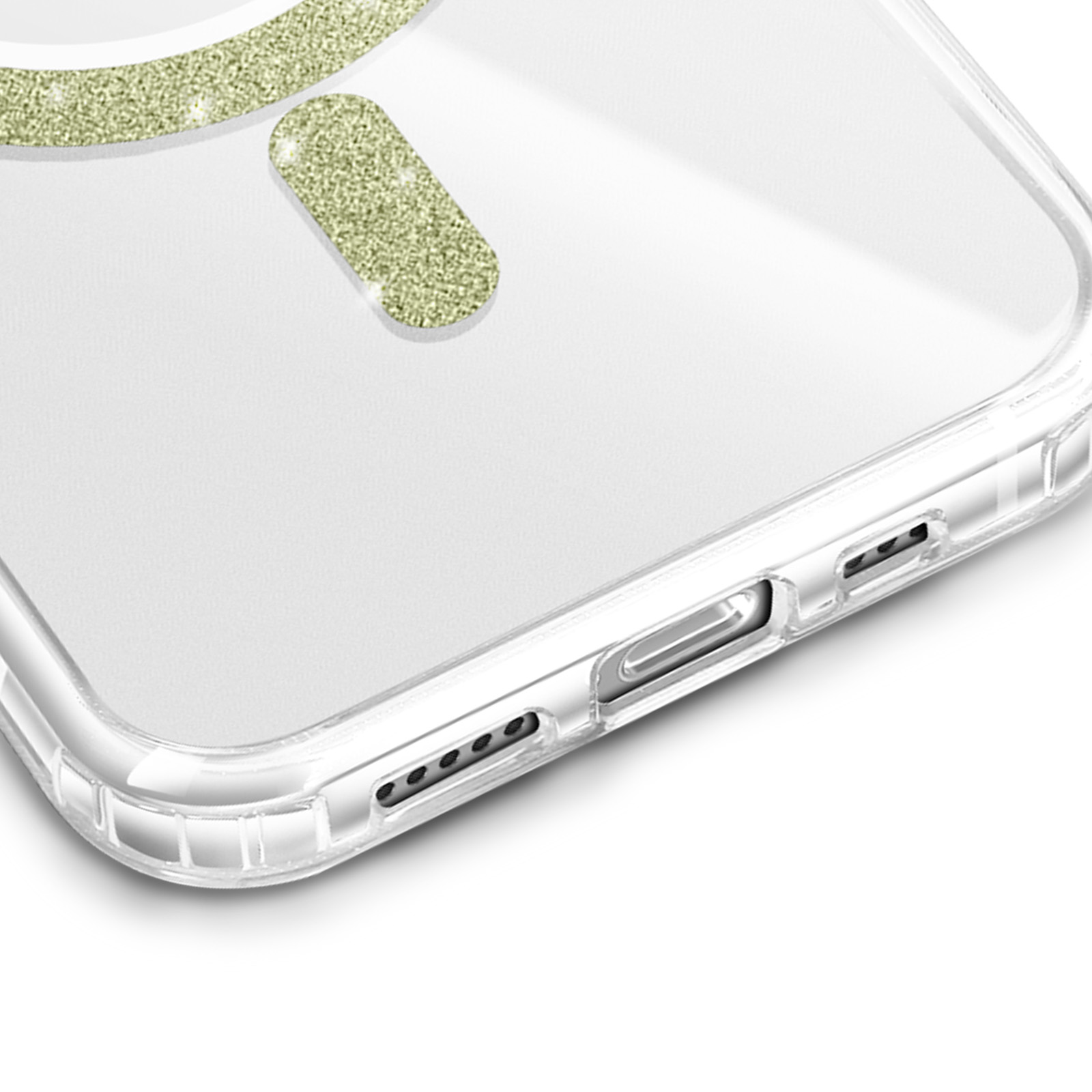 Transparante telefoonhoes met een gouden glitterring en Guess-logo. Zijaanzicht, poorten zichtbaar.