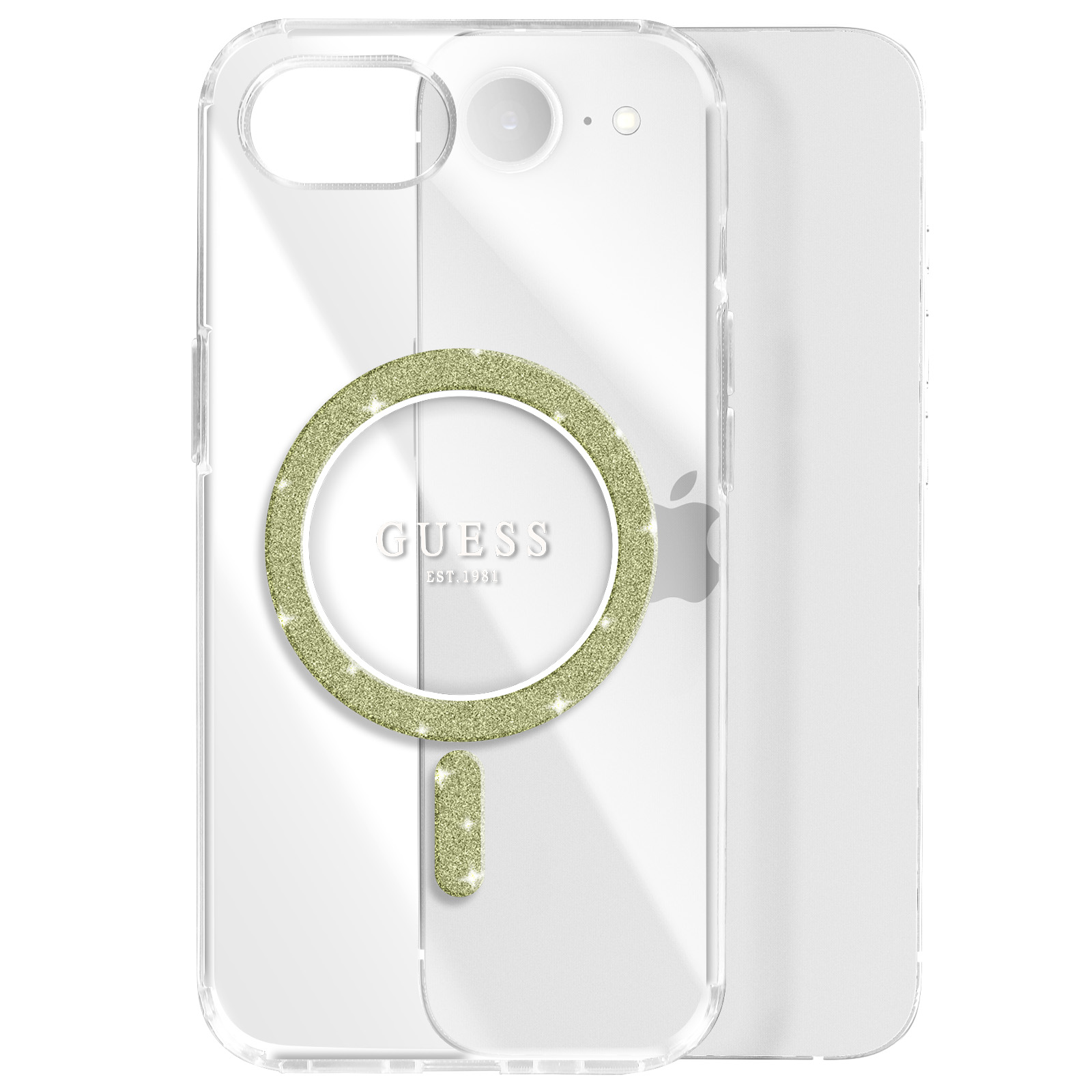 Transparante telefoonhoes met een gouden glitterring en Guess-logo. Achterkant van de telefoon zichtbaar.
