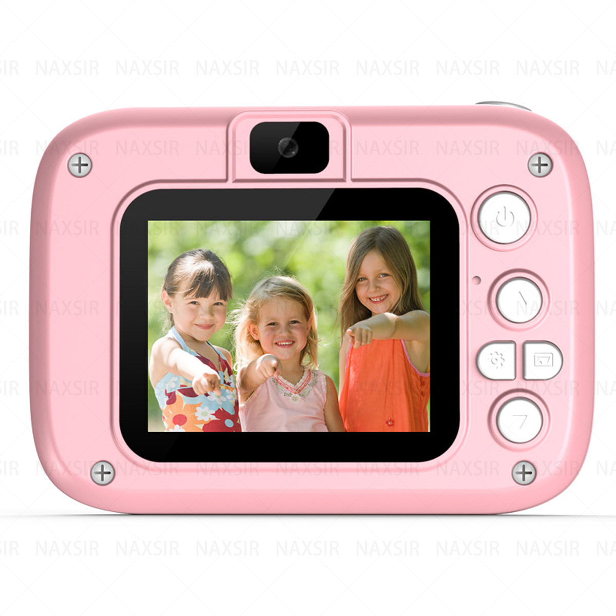 Macchina fotografica giocattolo rosa, mostra una foto di tre ragazze sorridenti. Sfondo bianco.