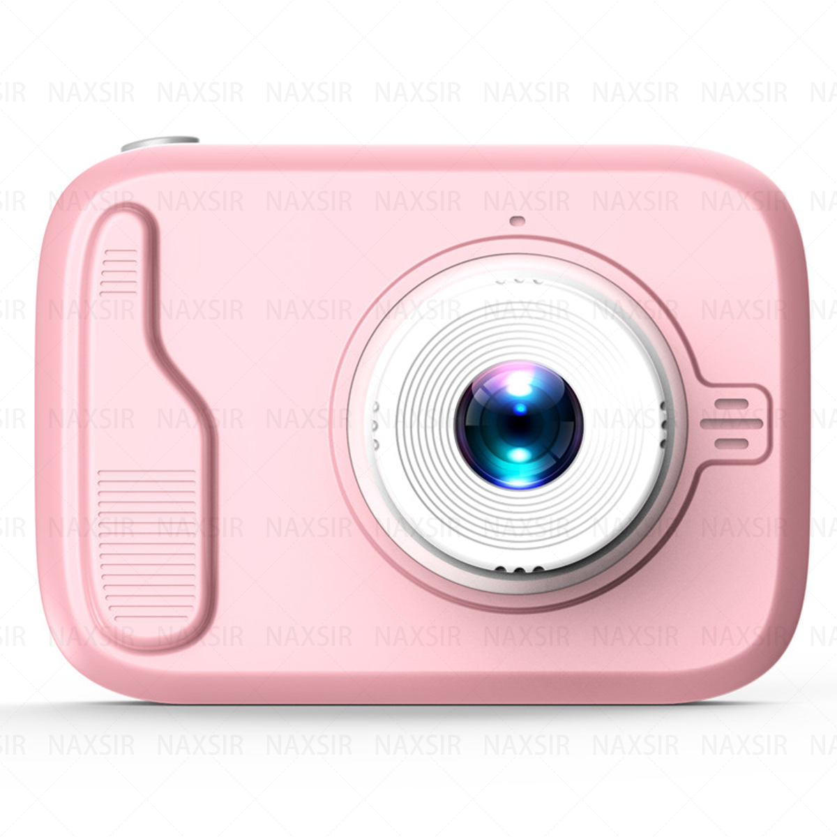 Macchina fotografica giocattolo rosa, vista frontale. Obiettivo, pulsanti e dettagli di design visibili. Sfondo bianco.