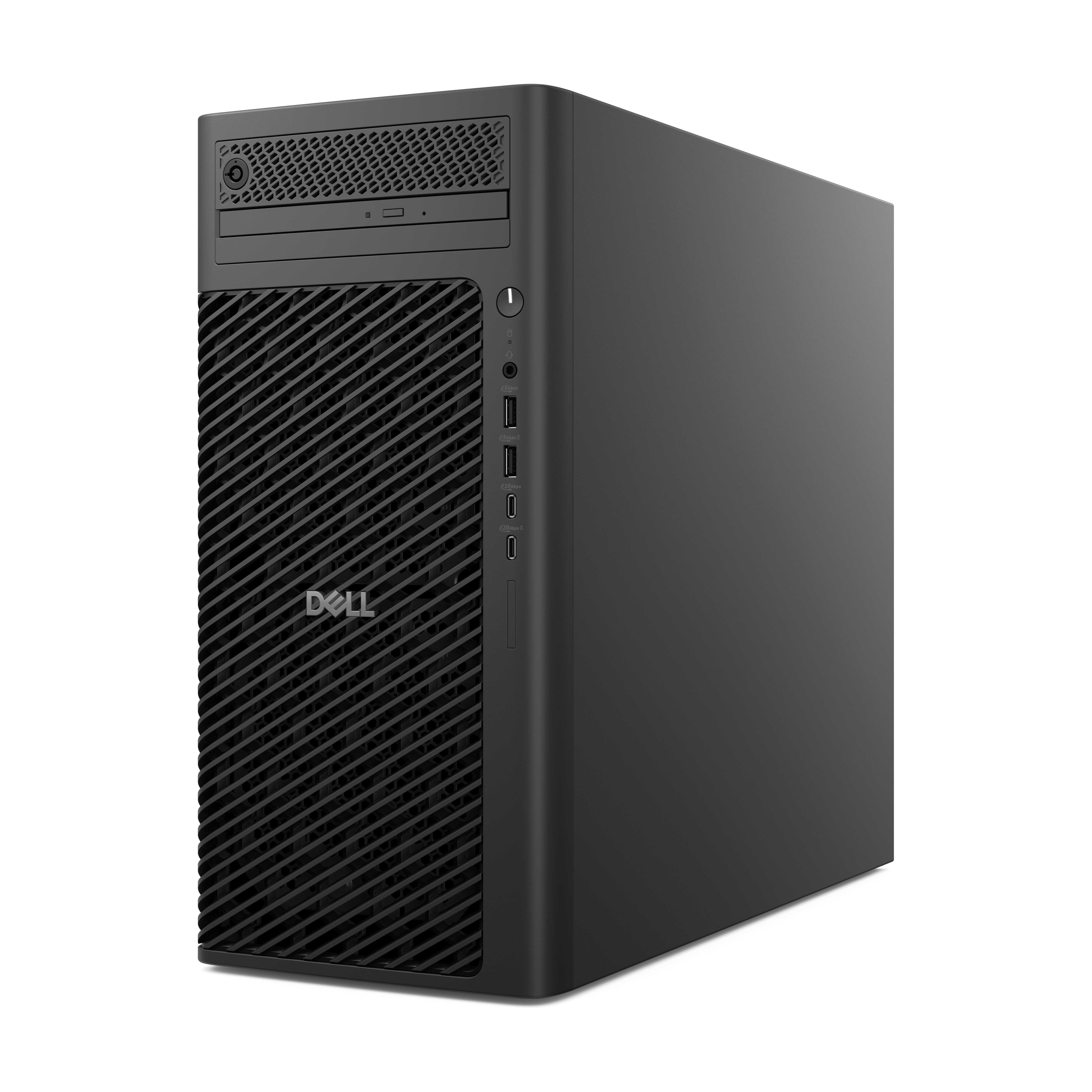 Een zwarte Dell desktopcomputer vanuit een zijhoek.