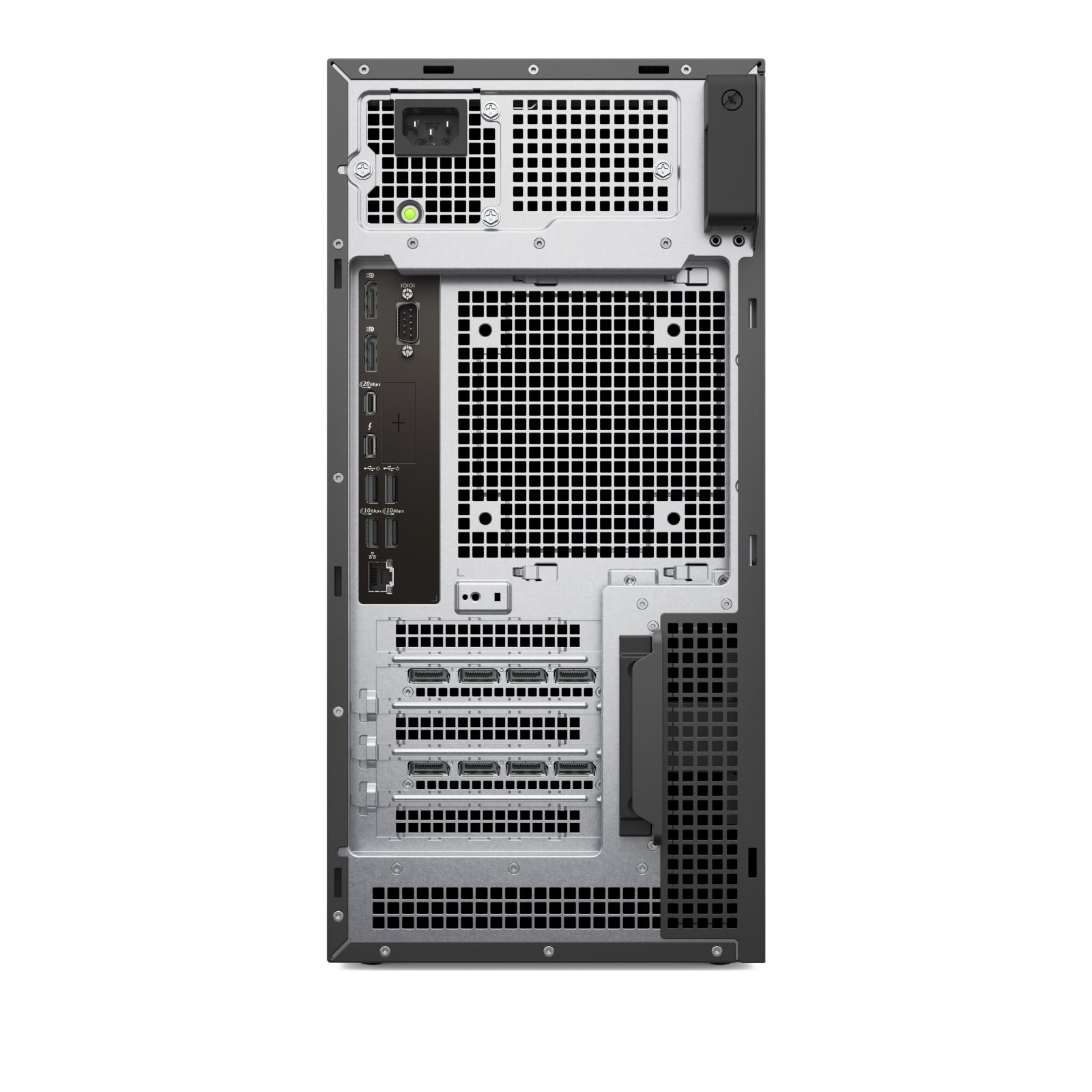 Il retro di un computer desktop Dell nero con varie porte.