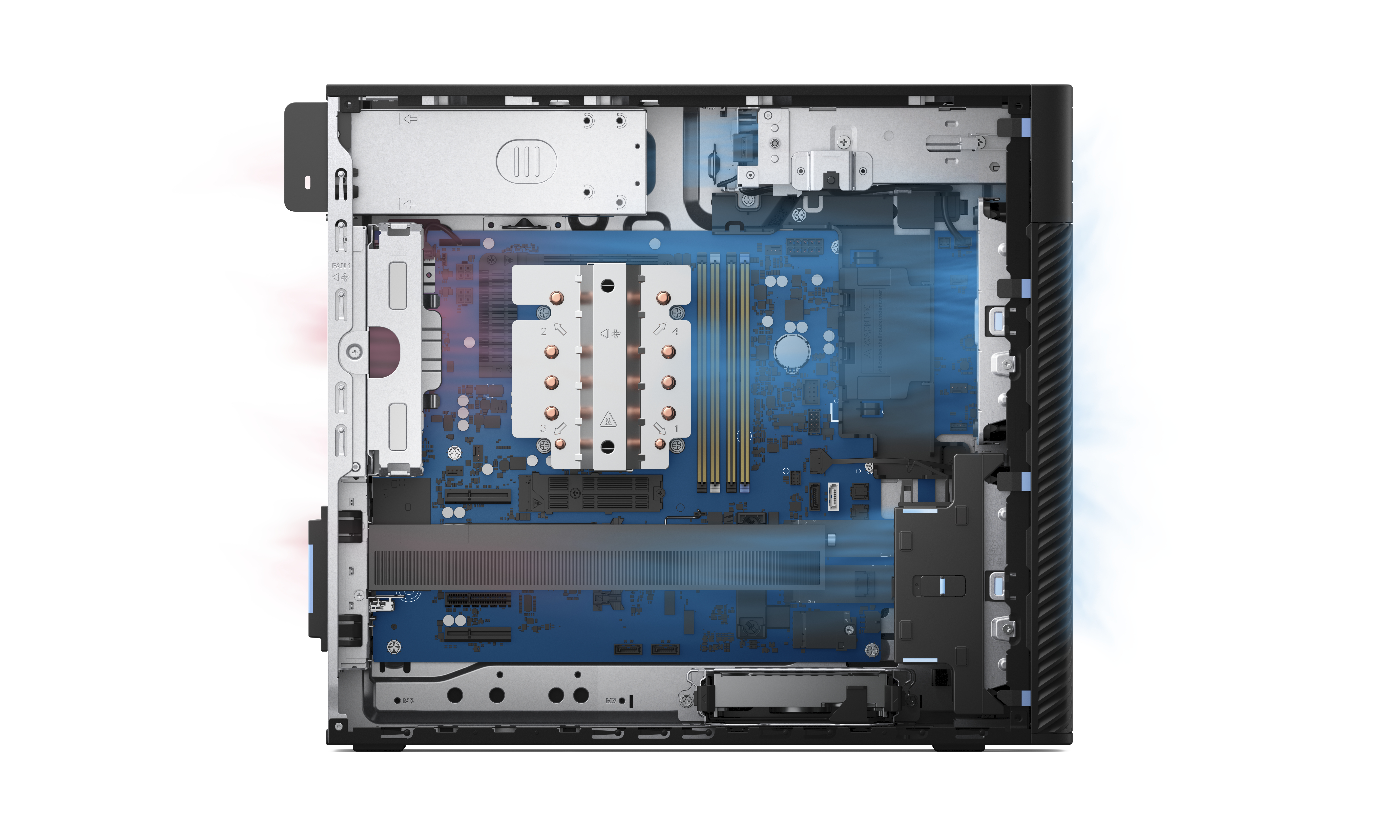 Wnętrze komputera, pokazujące komponenty w czarnej obudowie, z niebieskim i czerwonym przepływem powietrza.