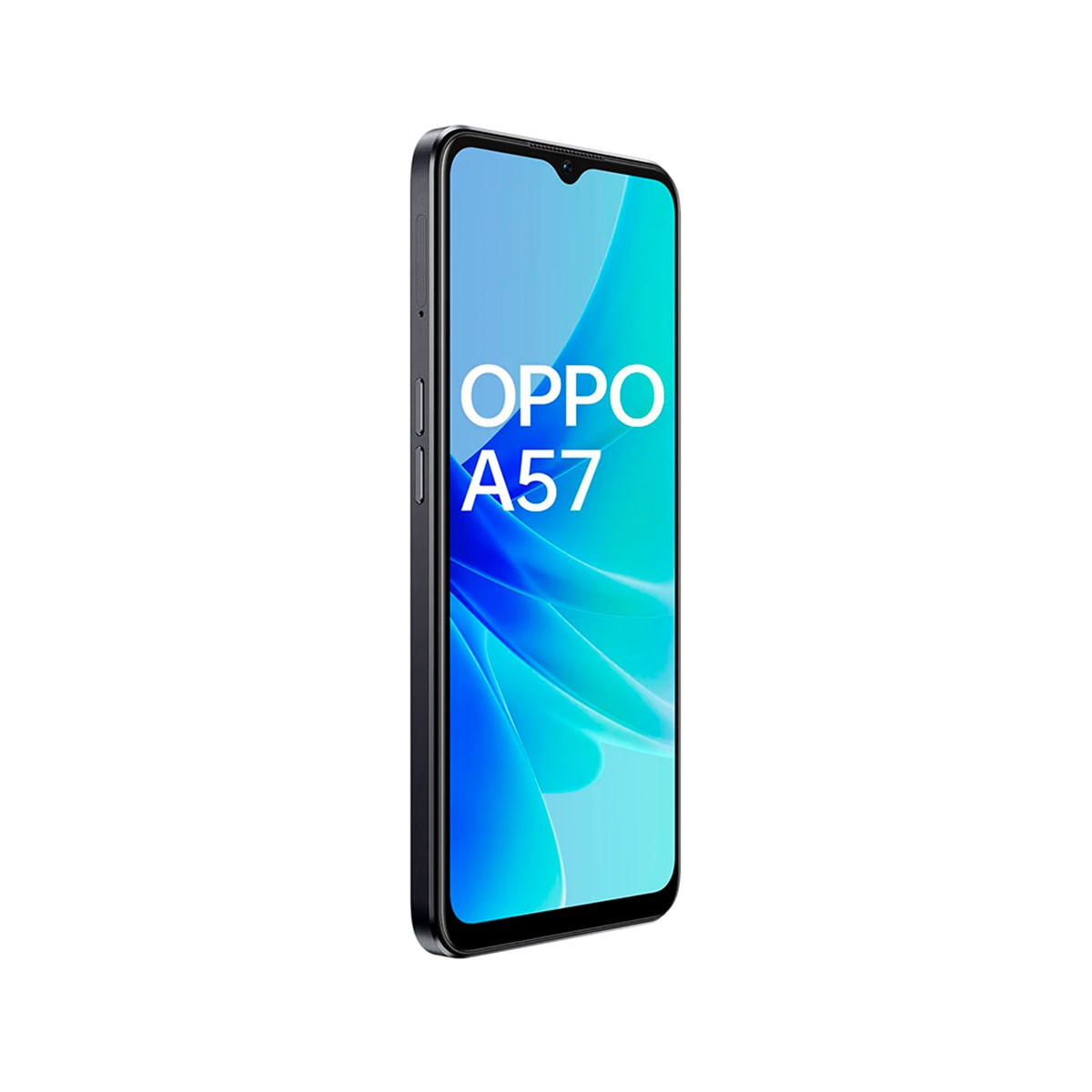 Schwarzes Oppo A57-Telefon, Vorderansicht. Es zeigt das Oppo-Logo und den Namen A57.