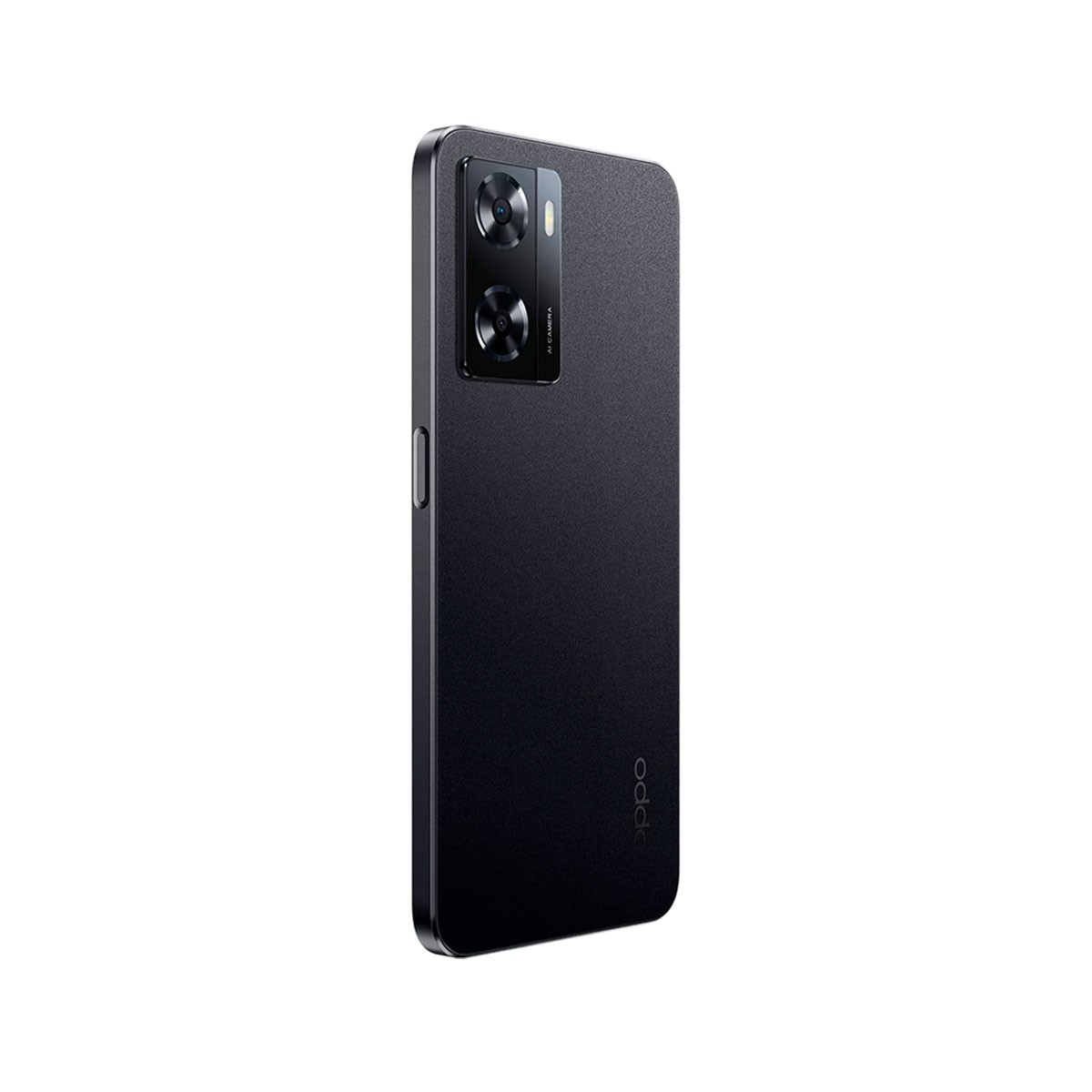 Schwarzes Oppo A57-Telefon, Rückansicht. Es hat zwei Kameras und das Oppo-Logo.