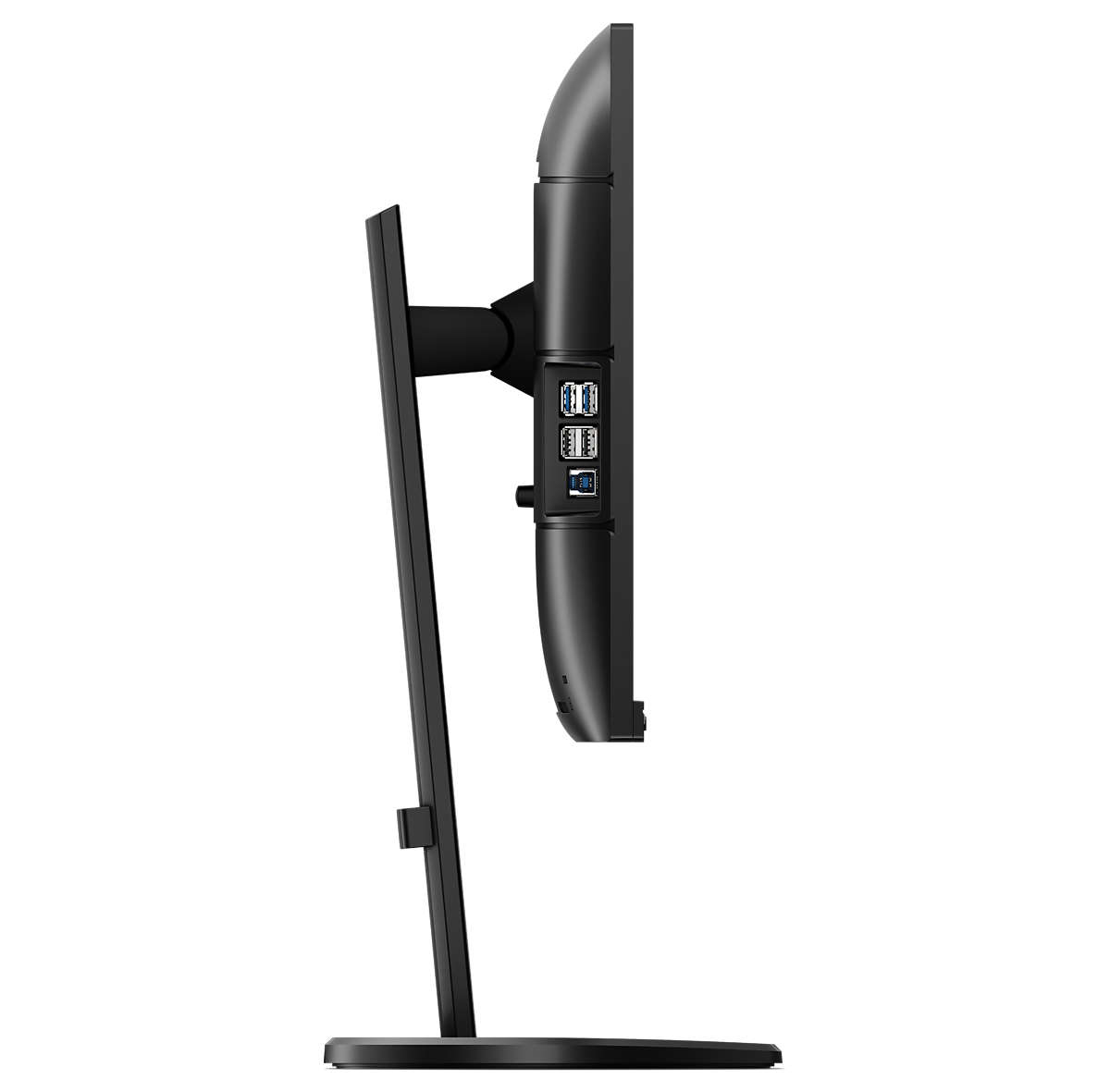 Widok z boku czarnego monitora. Zawiera podstawę i porty. Ekran jest czarny.