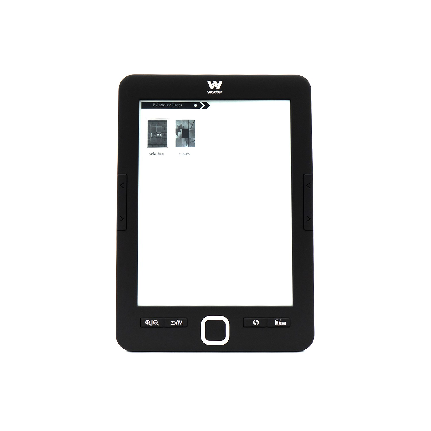 Czarny czytnik e-booków wyświetlający menu z dwiema opcjami. Marka 'Woxter' na górze.