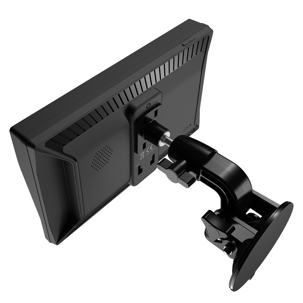 Czarny monitor tylny z obrotowym uchwytem na białym tle.