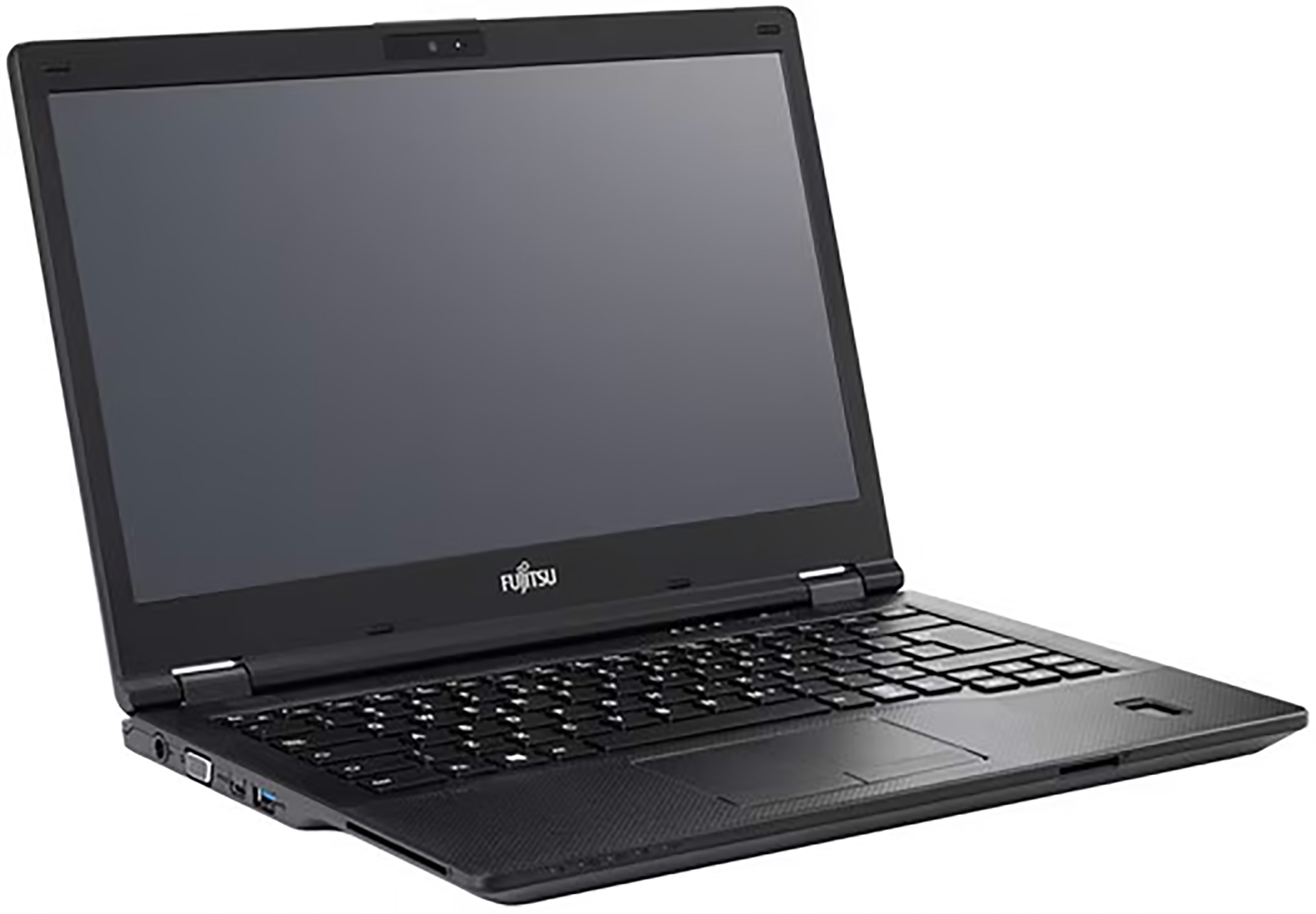 Black Fujitsu laptop, open, with the keyboard visible, on a white background.