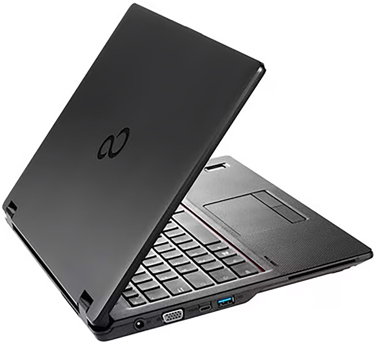 Black laptop with the lid open, showing the keyboard and screen.