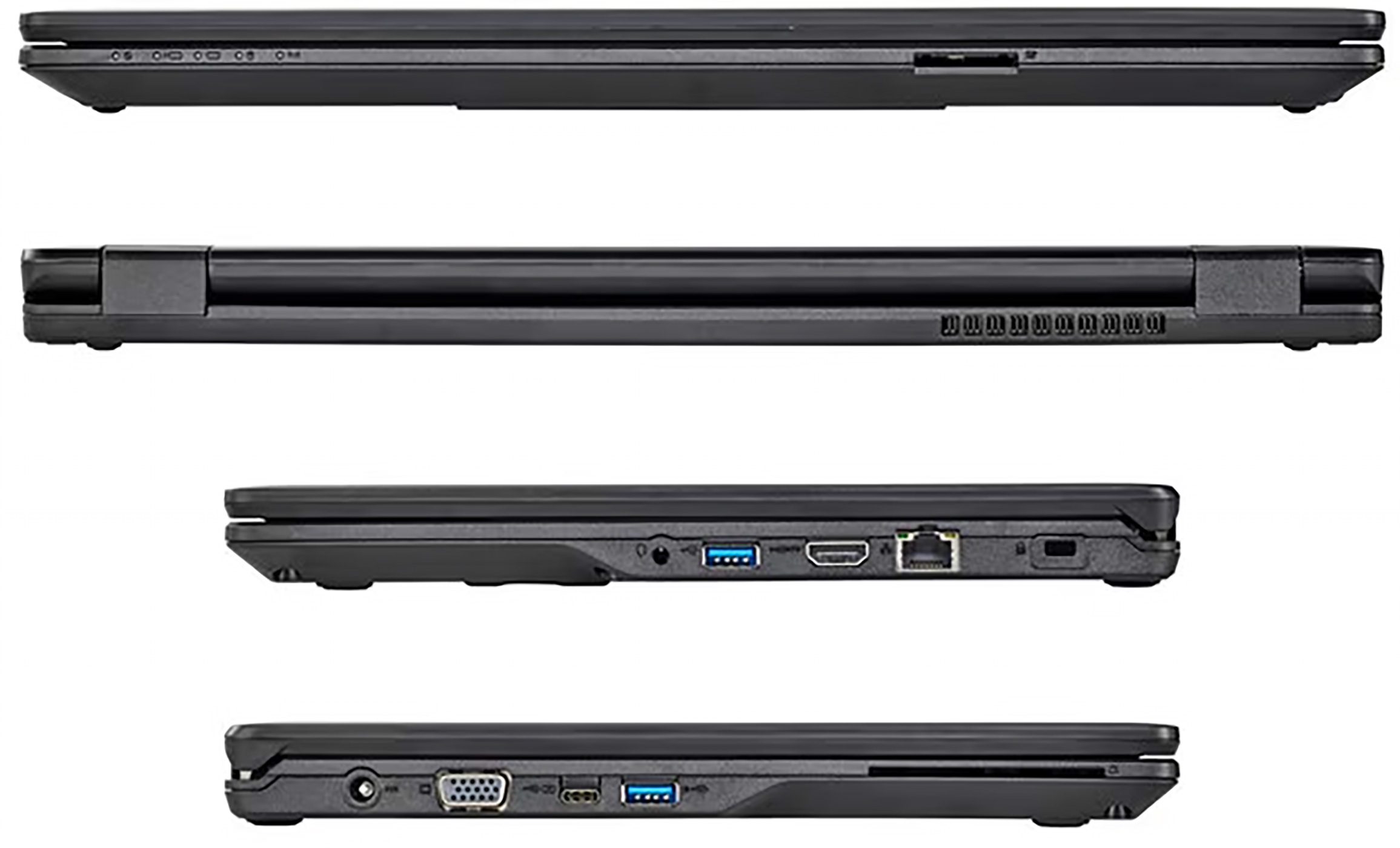 Black laptop, various views. Ports on side, and power button. Closed display.