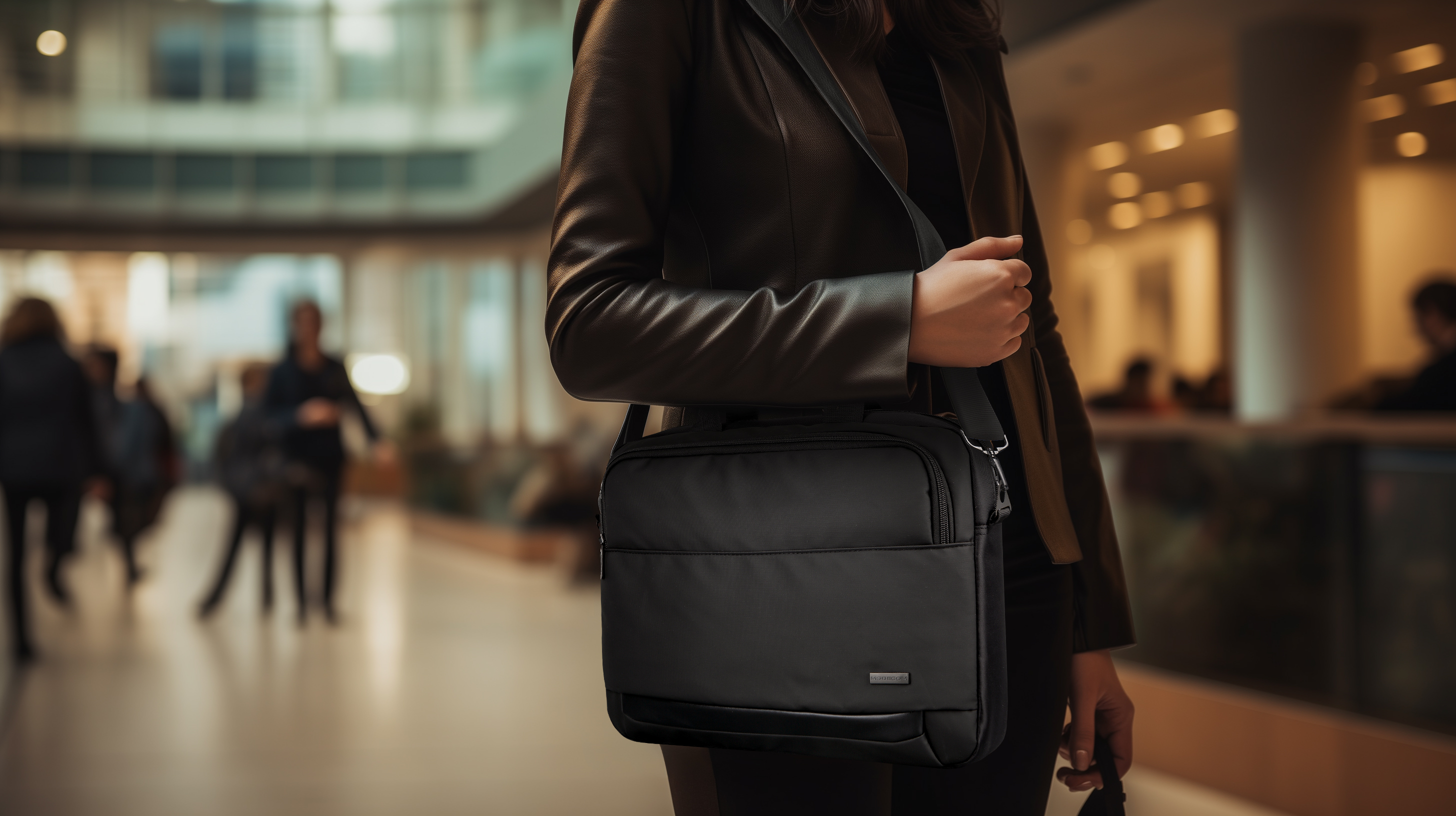 Kobieta niosąca czarną torbę kurierską w nowoczesnym budynku. Ludzie w tle.