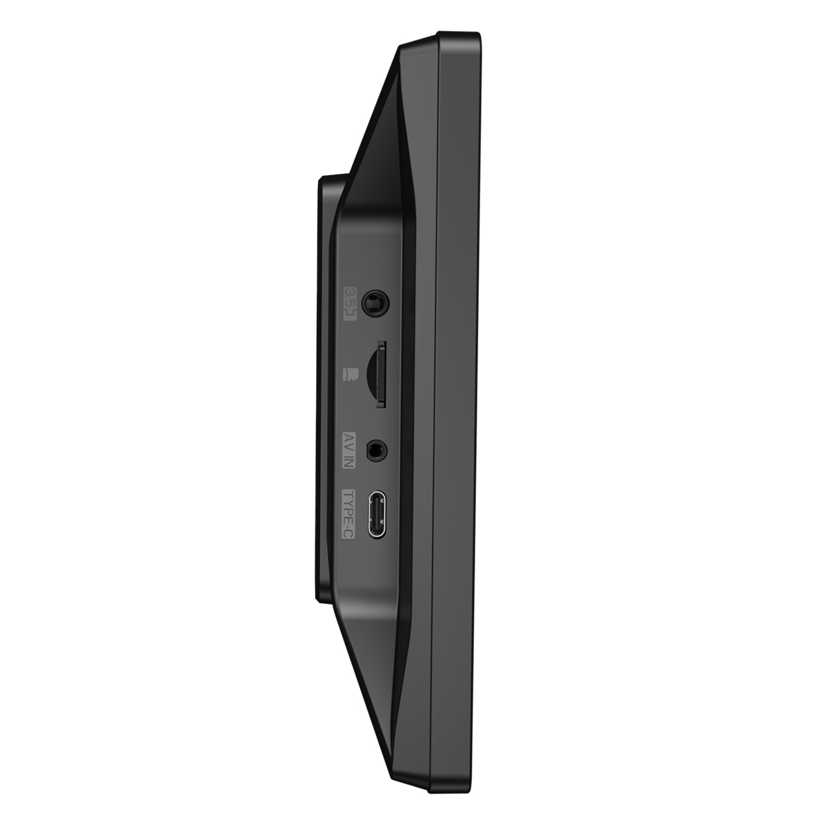 Widok z boku czarnego wyświetlacza, pokazujący porty: USB, AV in, Typ C i gniazdo kart SD.