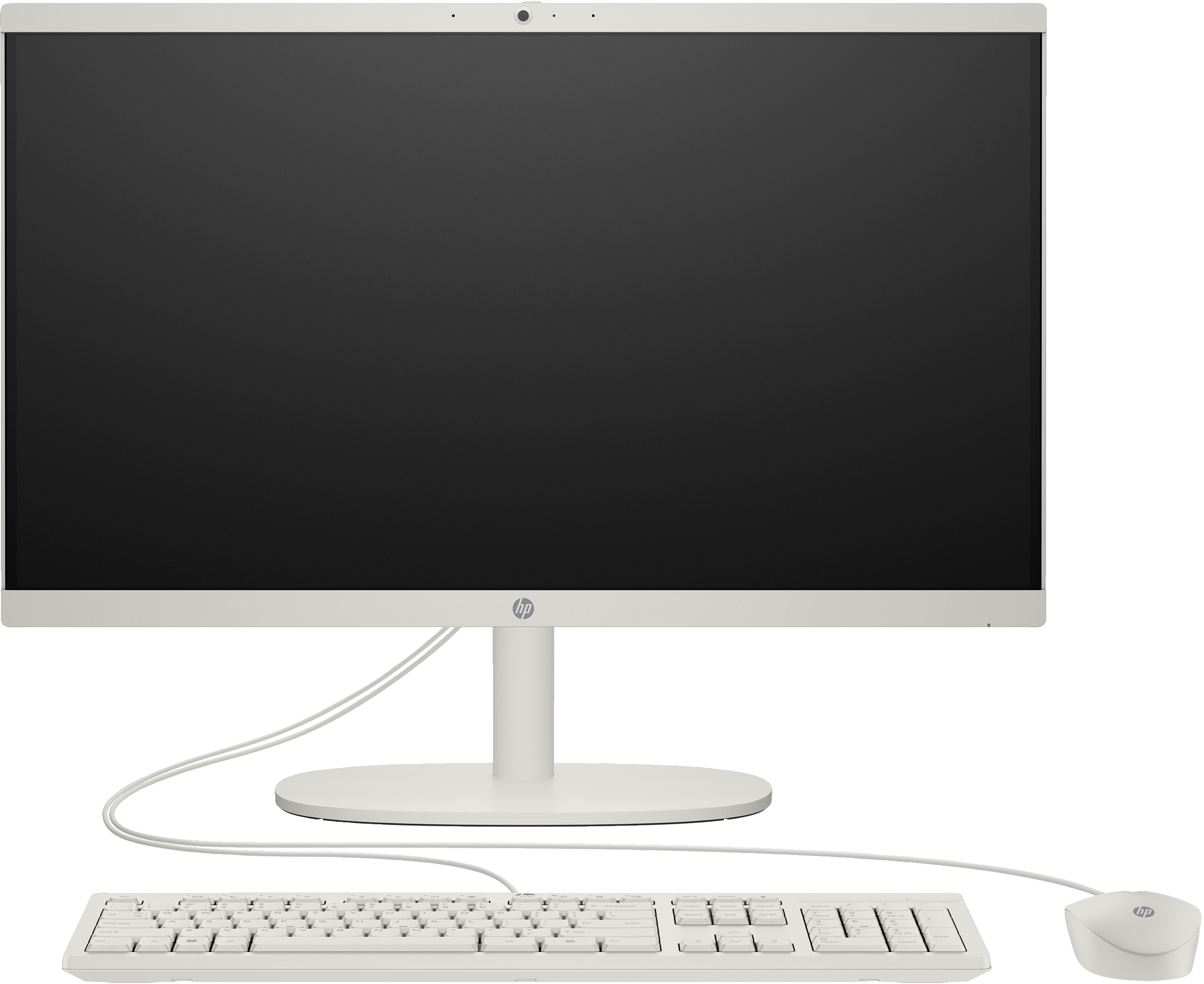 Un computer all-in-one bianco con monitor, tastiera e mouse.