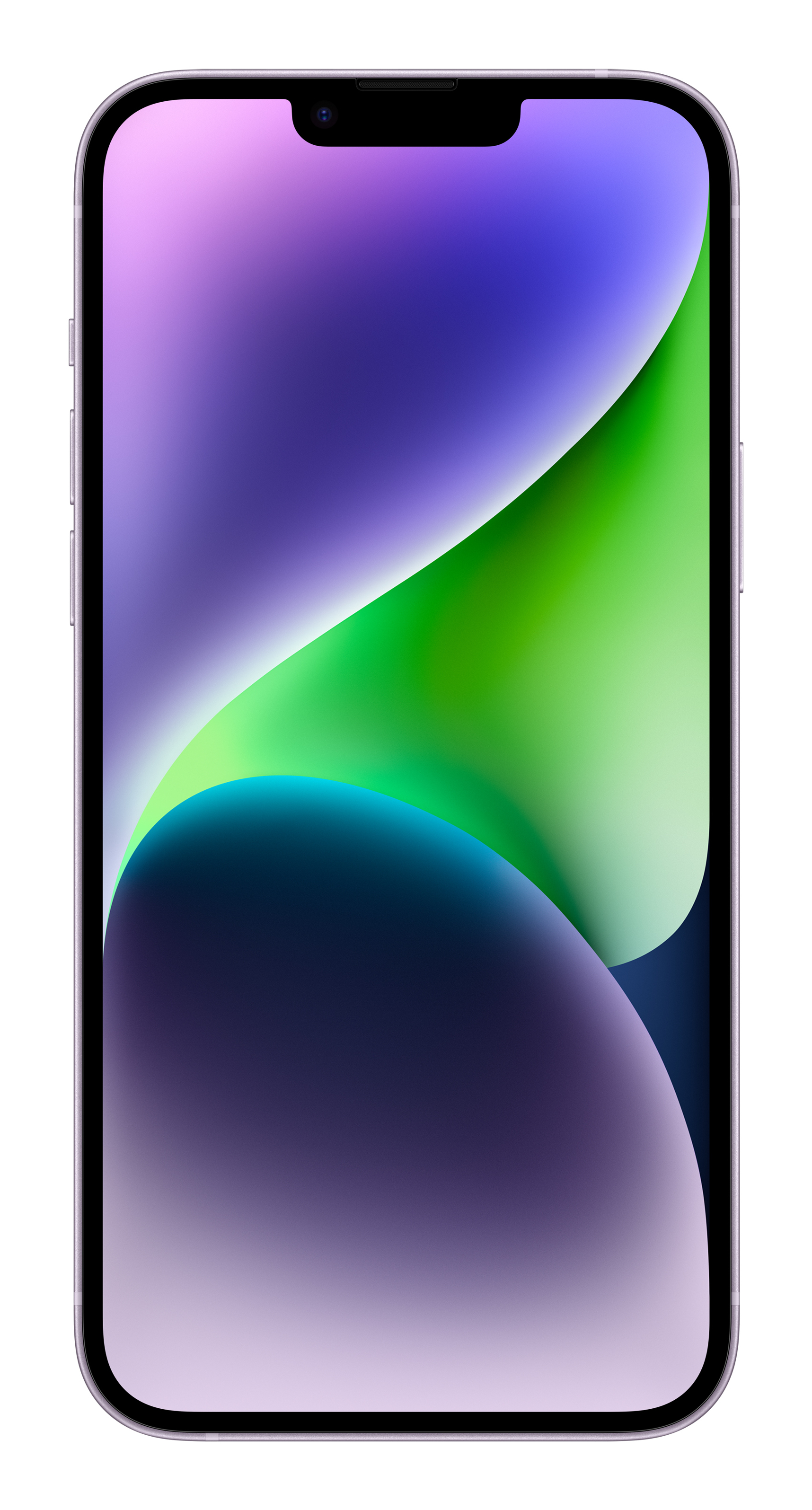 Un telefono con uno schermo sfumato viola e verde, il telefono è viola.