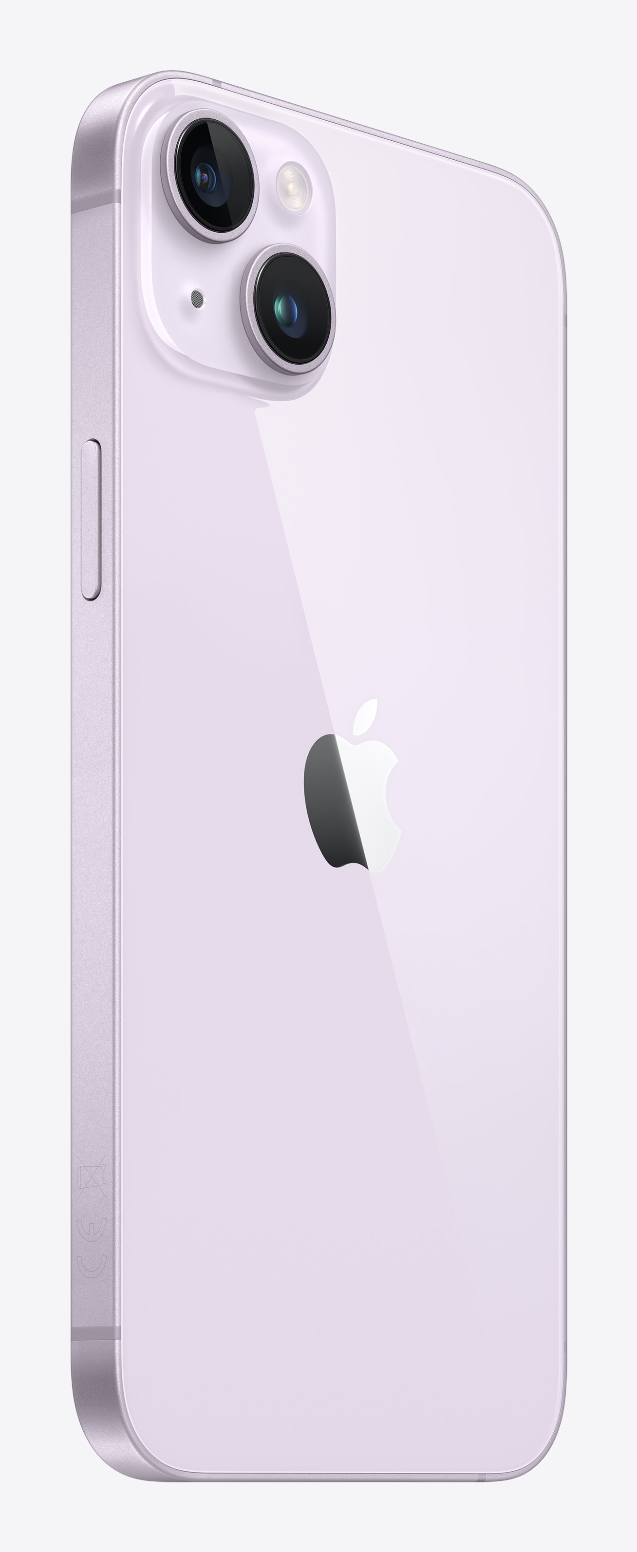 Il retro di un telefono viola con due fotocamere e un logo Apple.
