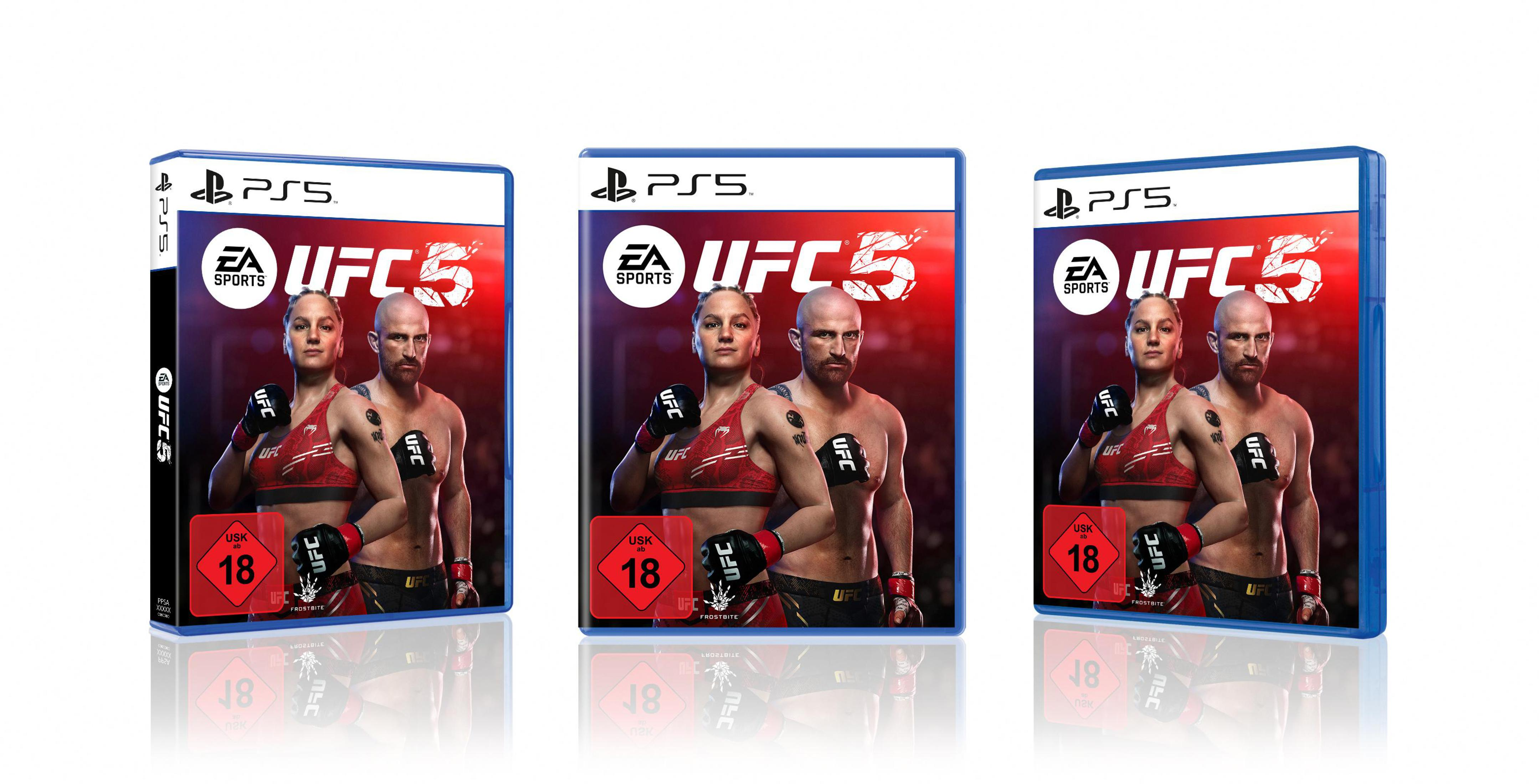 Tre custodie del gioco UFC 5. Ognuna mostra una coppia di combattenti, il logo del gioco e un adesivo rosso 18+.