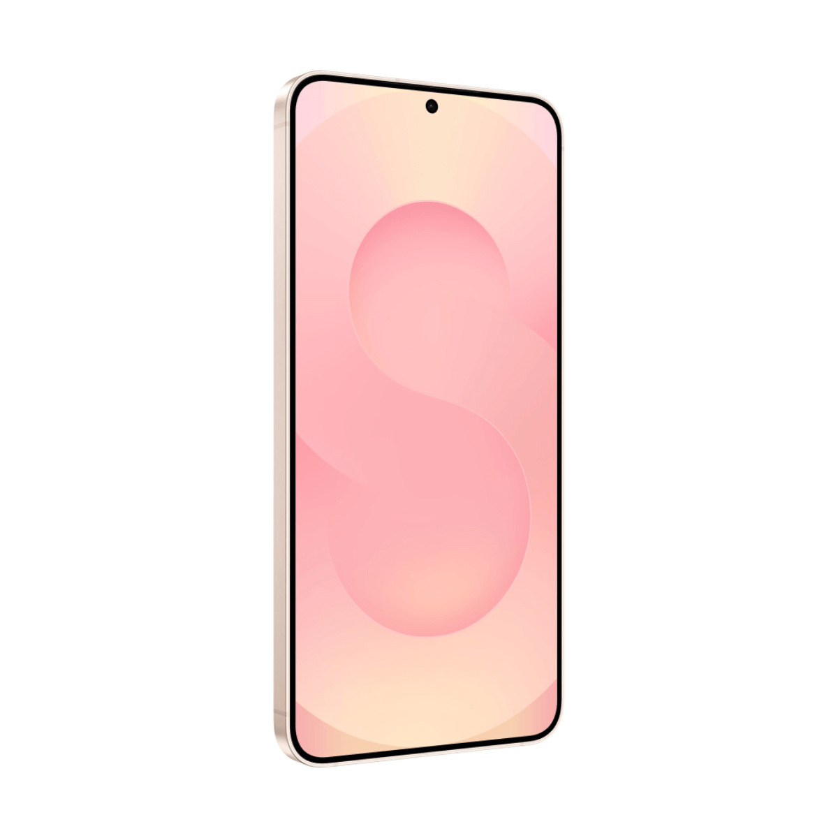 Smartfon z różowym gradientem na wyświetlaczu i wcięciem na aparat, na białym tle.