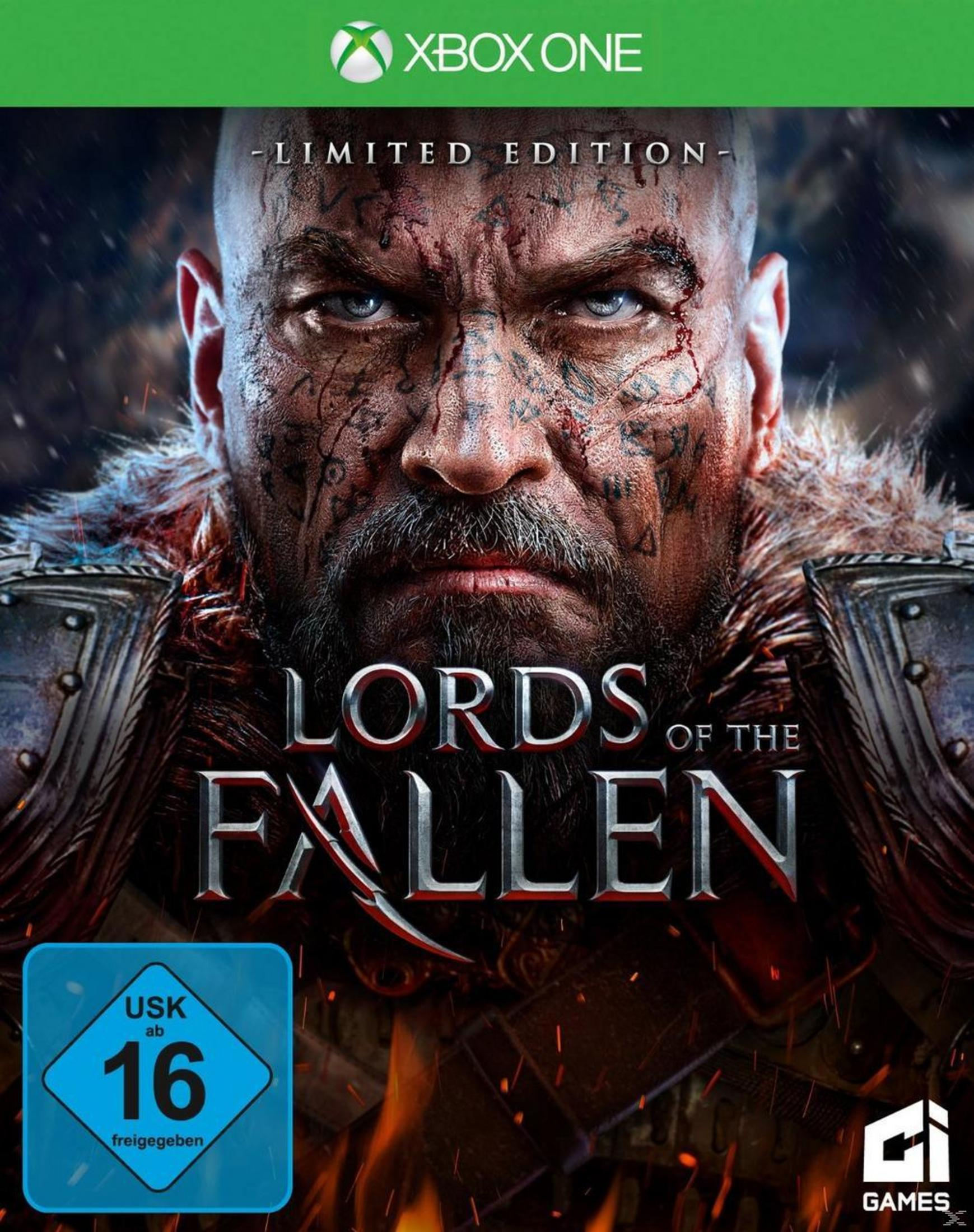 Lords of the Fallen-Spielcover. Ein Mann mit Tattoos und Narben starrt intensiv, dunkler Hintergrund.