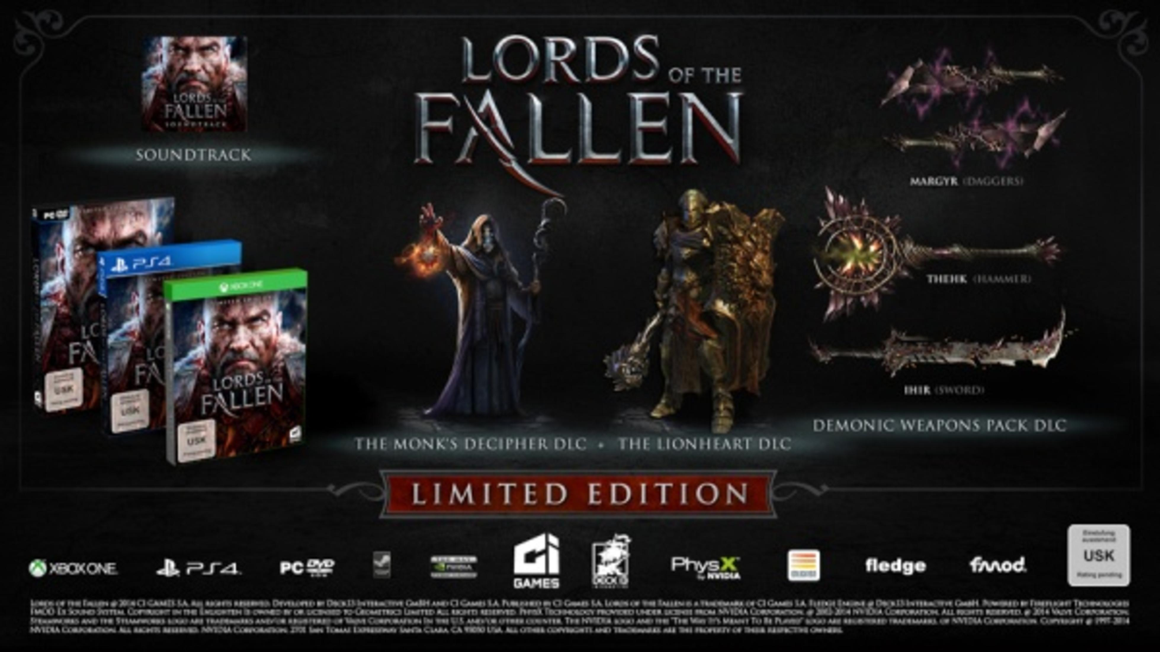 Werbebild für das Spiel Lords of the Fallen, einschließlich Spielboxen, Charakteren und Waffenillustrationen.