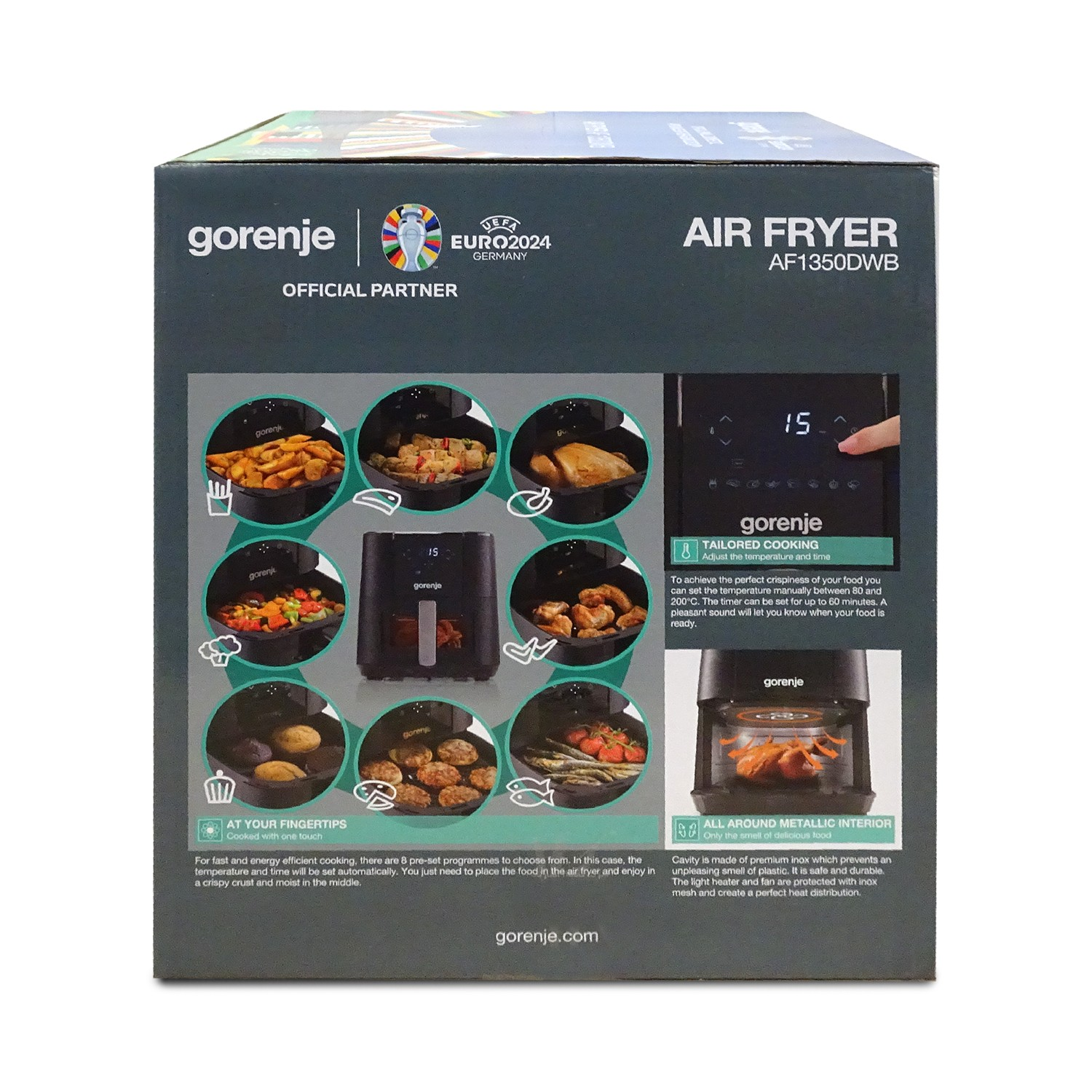 Pudełko frytkownicy beztłuszczowej Gorenje z różnymi zdjęciami produktu oraz jego cechami i funkcjami.